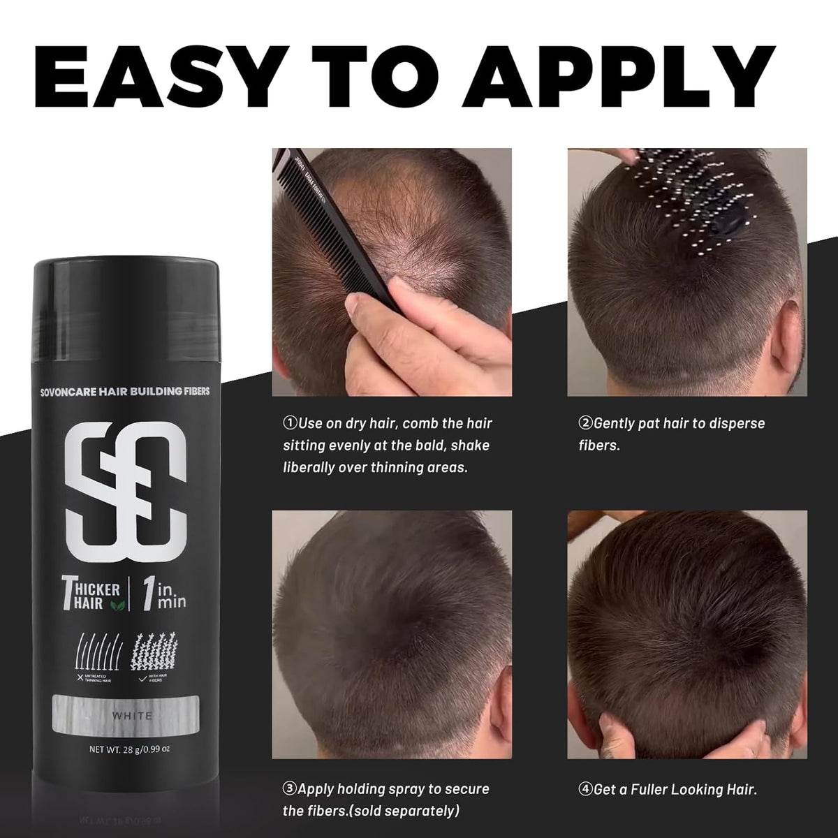 SOVONCARE Hair Fibers for Thinning Hair White, Hair Building Fibers for Bald Spots Undetectable &
