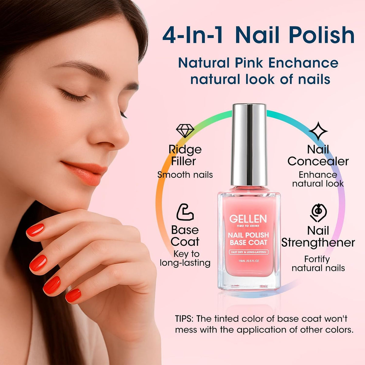 GELLEN Clear Nail Polish Base Top Coat, Sheer Pink Tinted Base Coat & Shine No Wipe Top Coat for