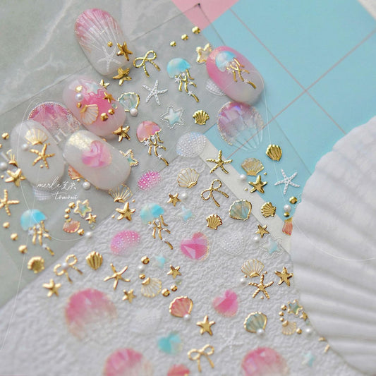 1 Sheets Summer Nail Stickers for Nails Art 5D Embossed Self-Adhesive Shell Starfish Nail Art