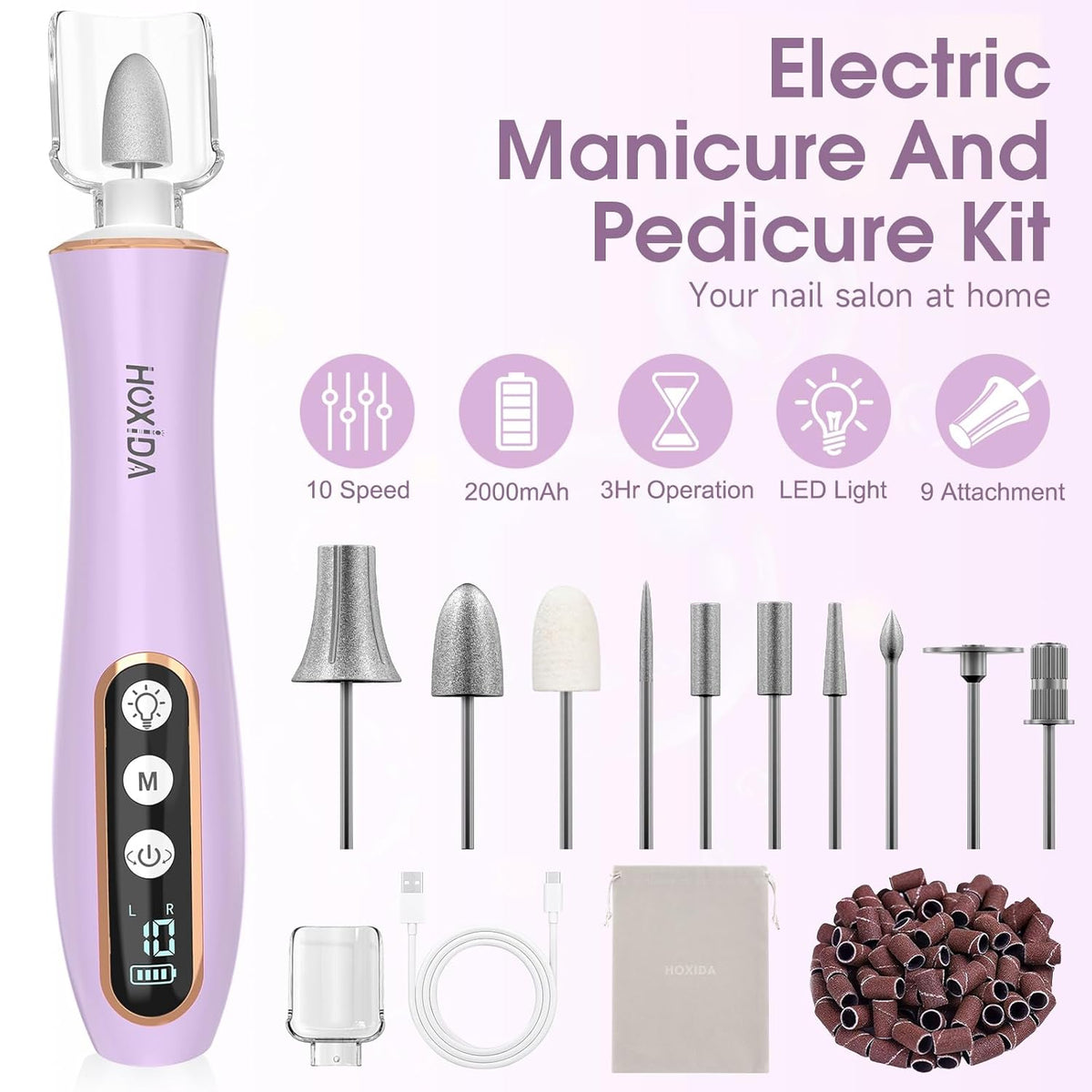 Professional Manicure Pedicure Kit with 360° LED Light&10 Speeds&Memory Mode with Case, Cordless