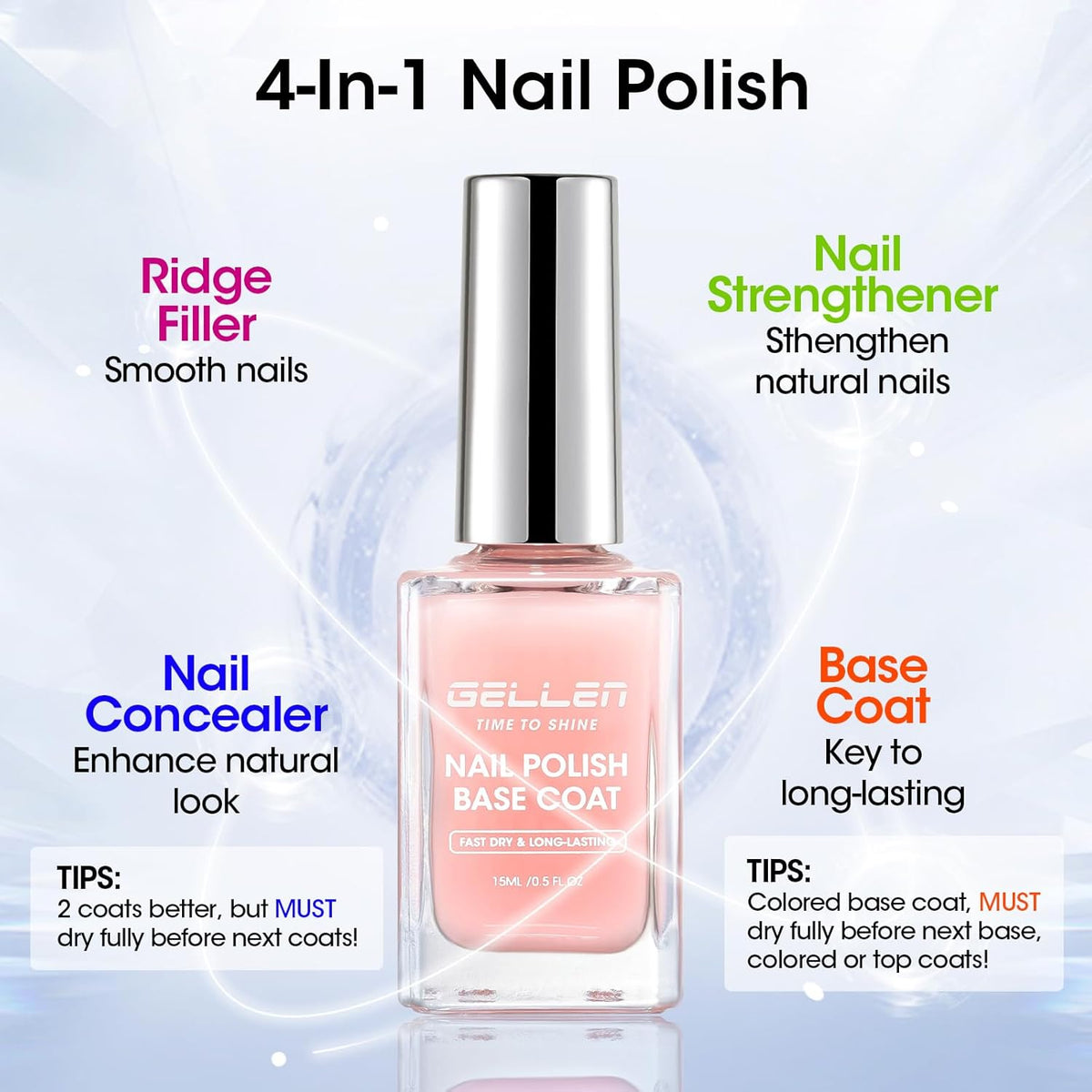GELLEN 4‑in‑1 Clear Nail Polish Base Coat Sheer Tinted Milky Pink, Ridge Filler, Nail Strengthener