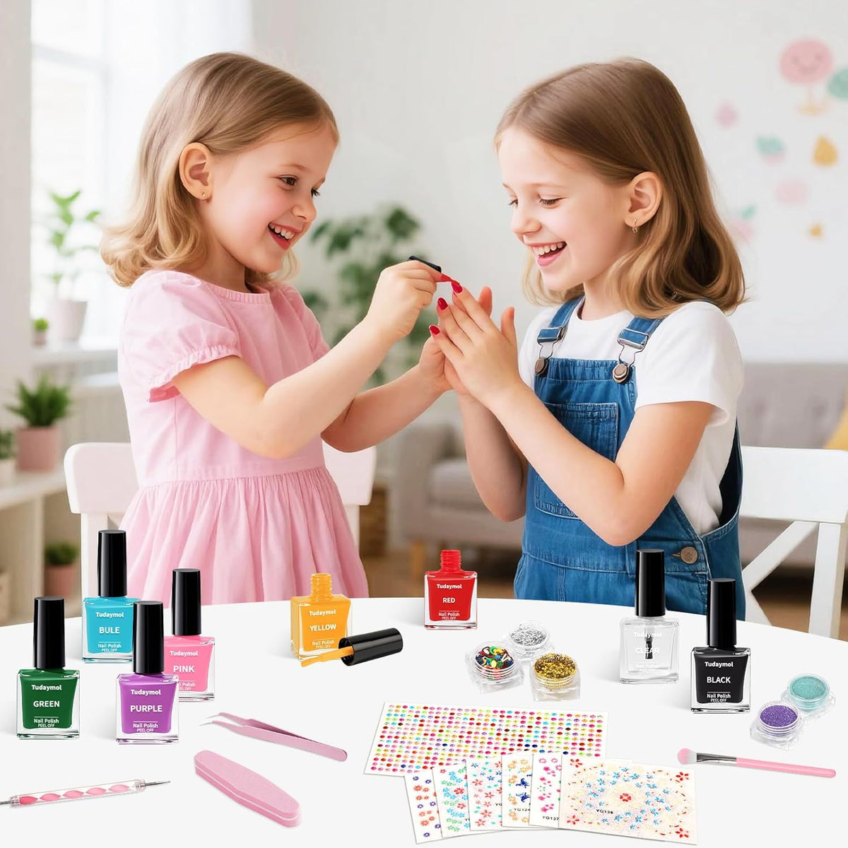 Tudaymol Nail Polish Set for Kids - Water-Based Peelable Polish-8 Colors with Glitter, Gems