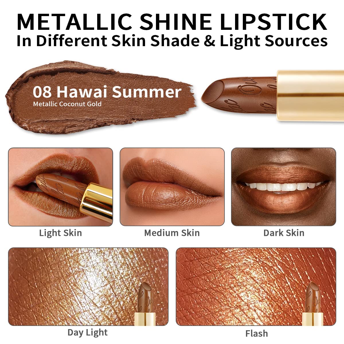 Oulac Dark Brown Lipstick for Women with Metallic 3D Shine Lightweight Hydrating Formula, High