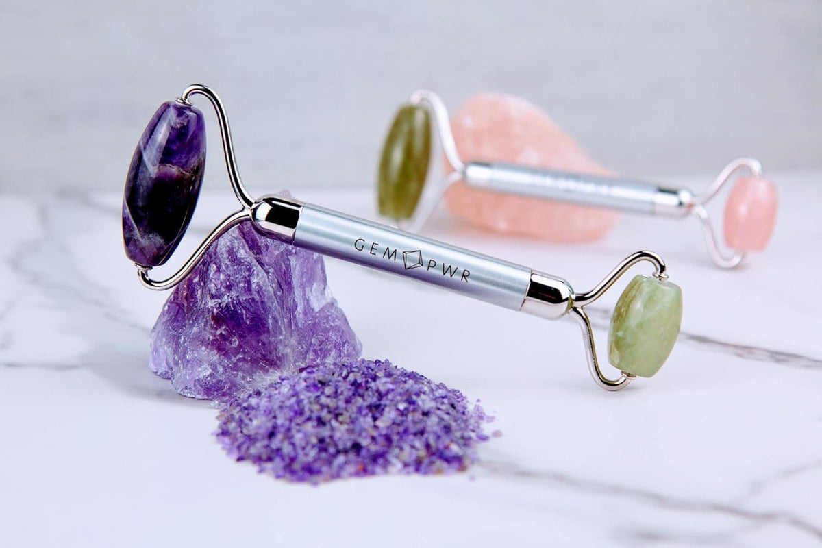 Amethyst + Jade Roller for Face and Neck Massage, Dual Gemstones with Durable Steel Handle and