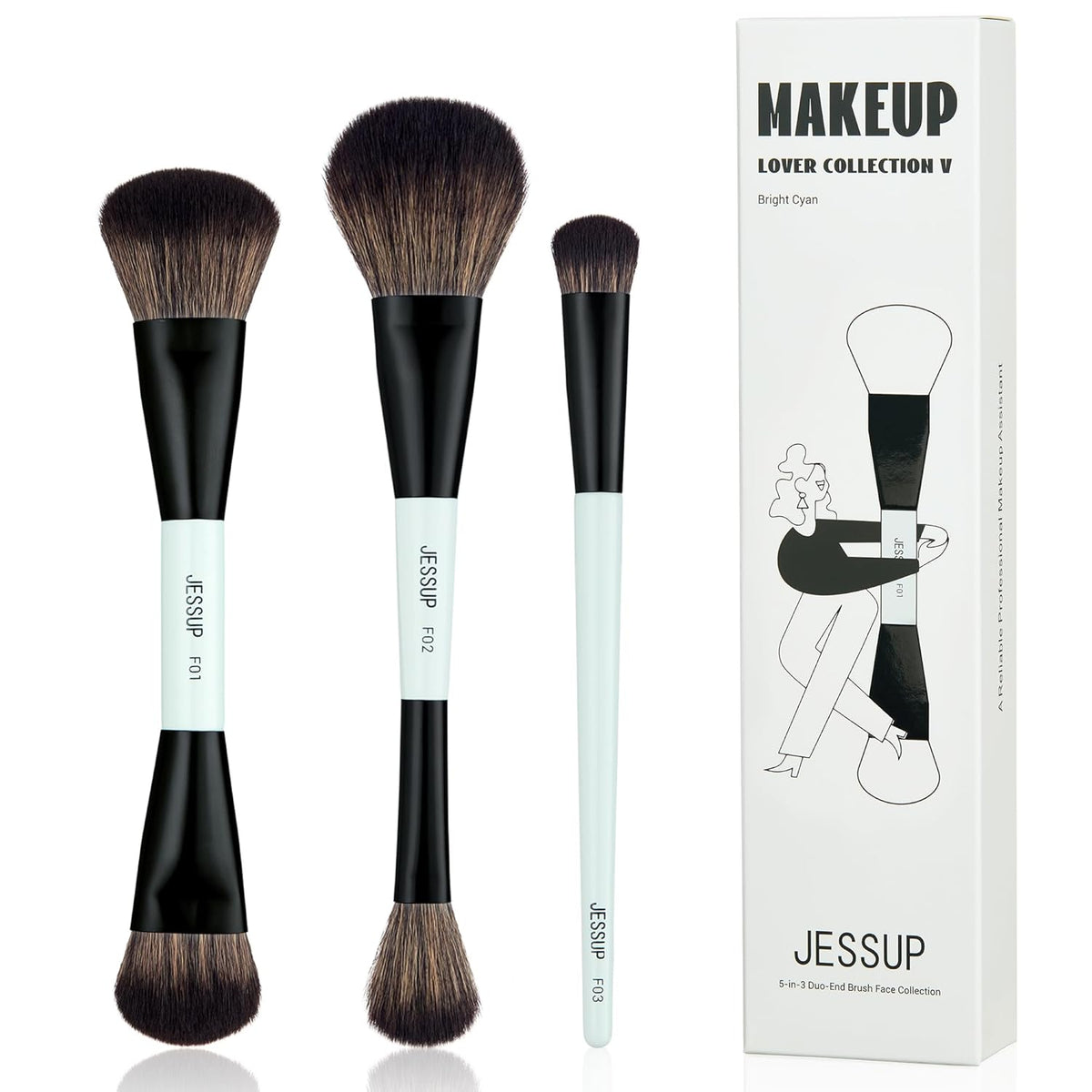 Jessup Face Makeup Brushes Blue 3pcs Double Ended Makeup Brush for Foundation Contour Blush