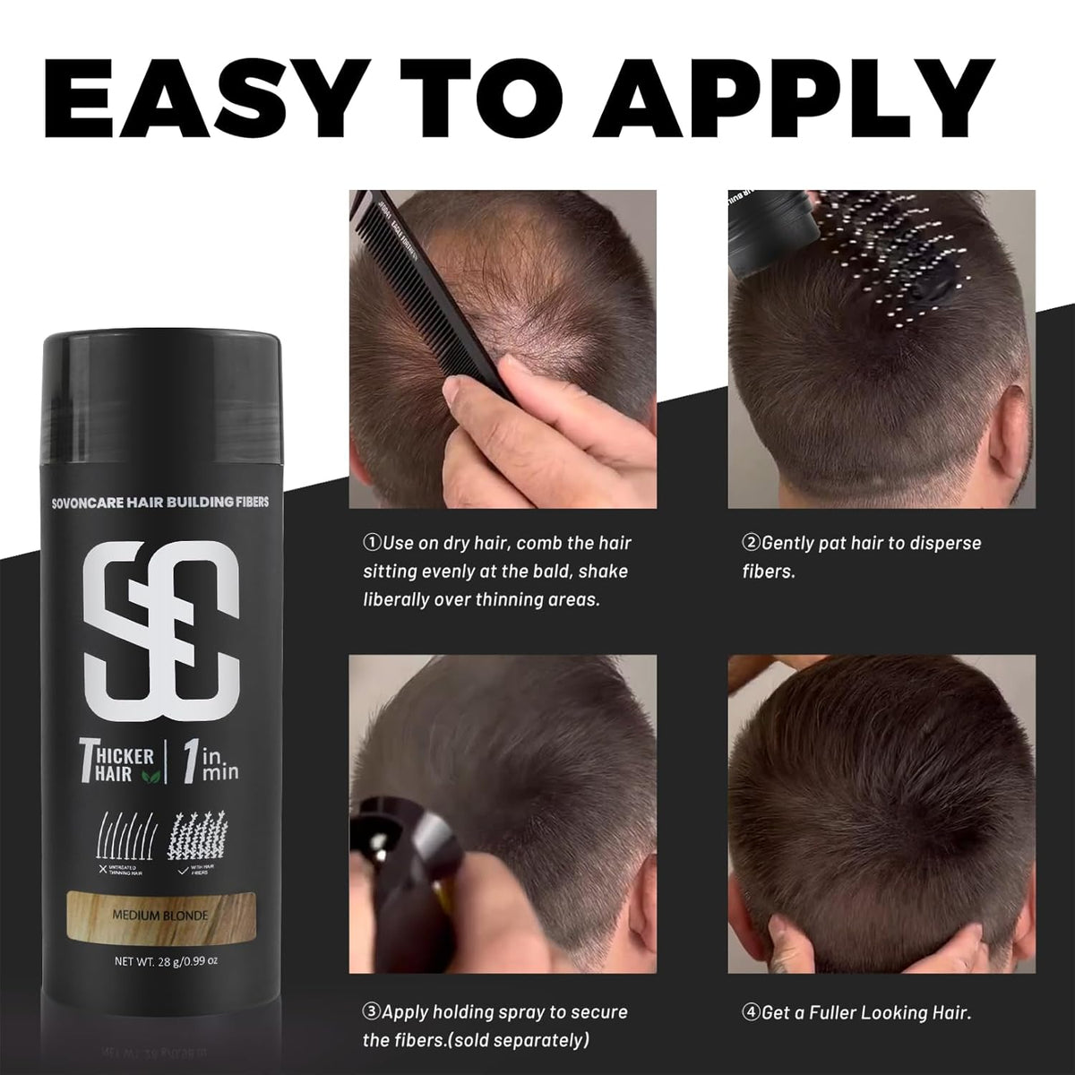 SOVONCARE Hair Fibers for Thinning Hair Medium Blonde, Hair Building Fibers for Bald Spots