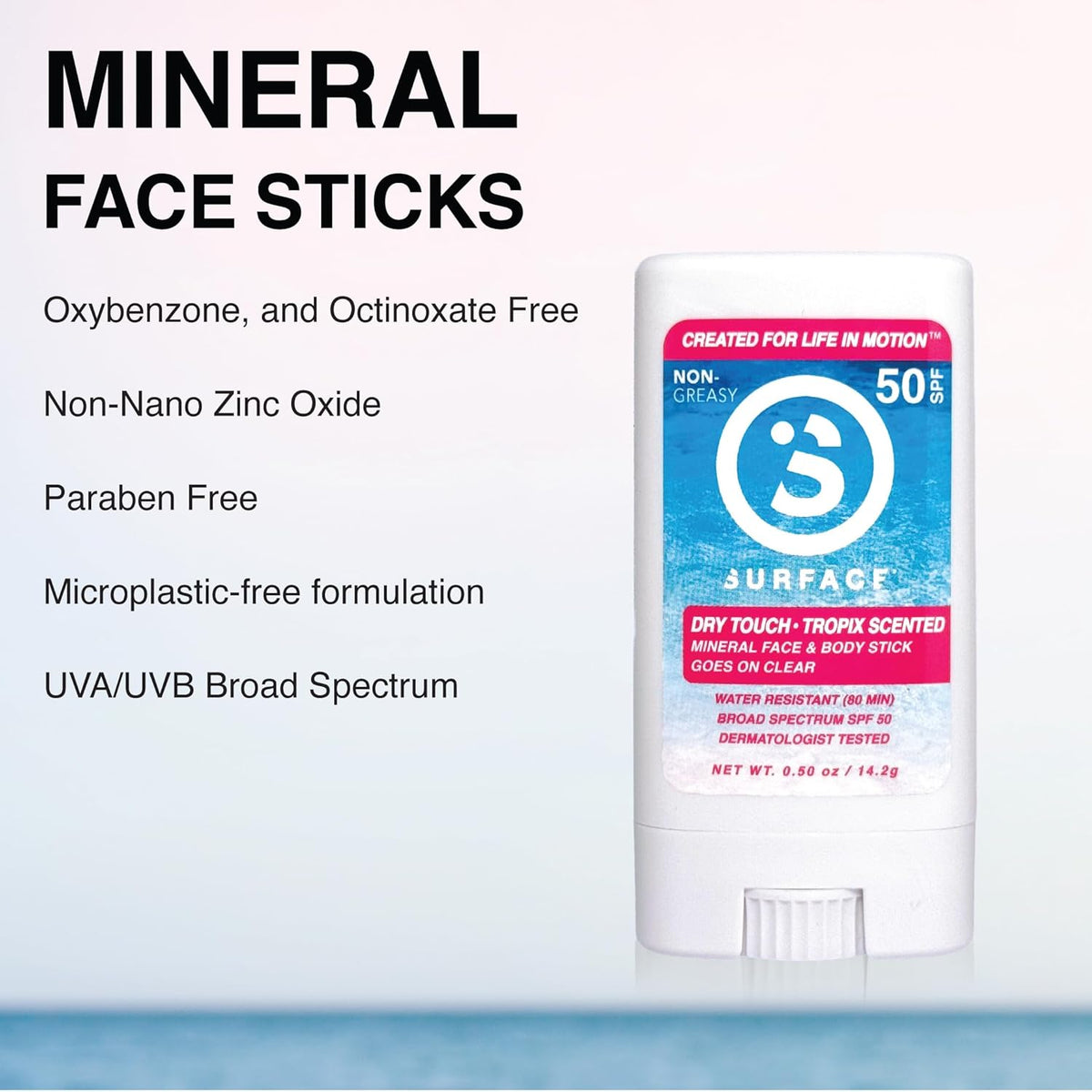 Surface Mineral Face Sunscreen Stick, Dry Touch SPF 50, Broad Spectrum UVA UVB Sun Protection for