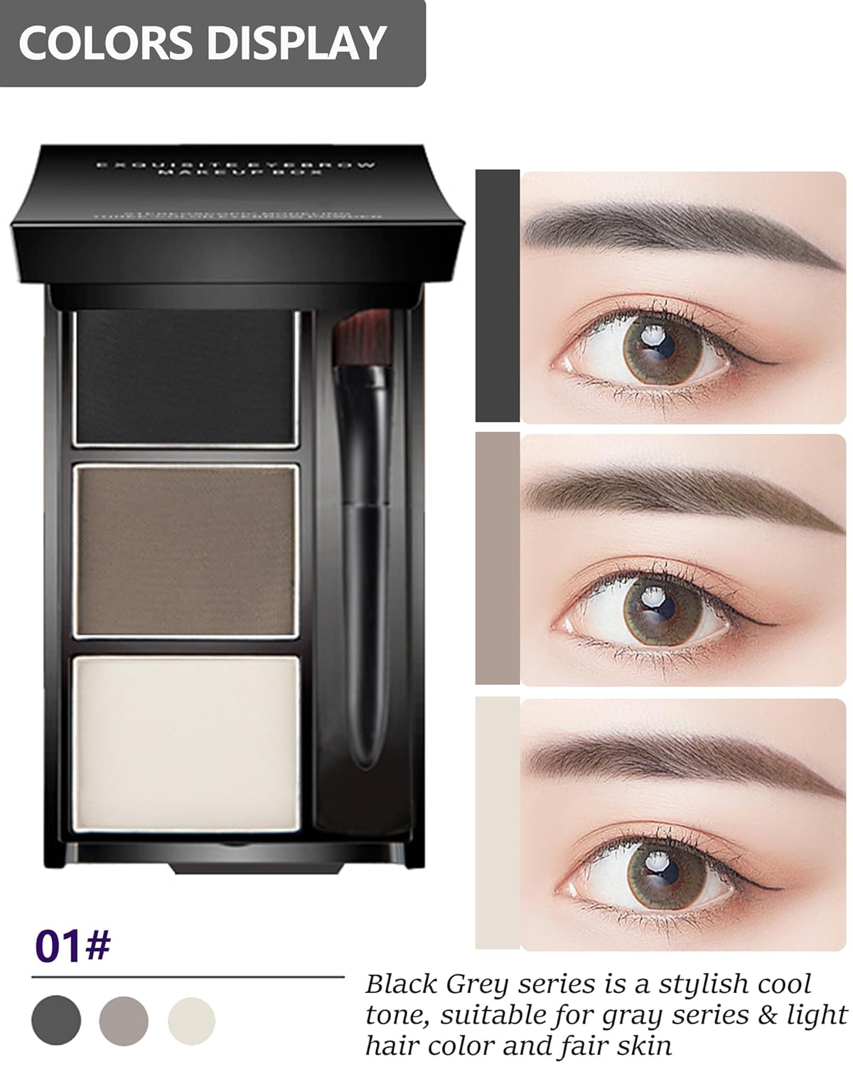 Eyebrow Powder Makeup Kit-3 Colors Eye Brow Powder Palette Long-Lasting Waterproof, Black Brown