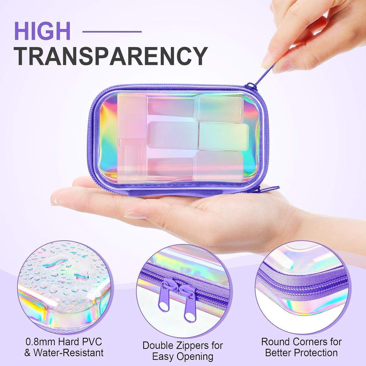 Hoolerry 3 Pcs Clear Hard Zipper Case Plastic Pouch Transparent Hard Case Clear Makeup Bag Portable