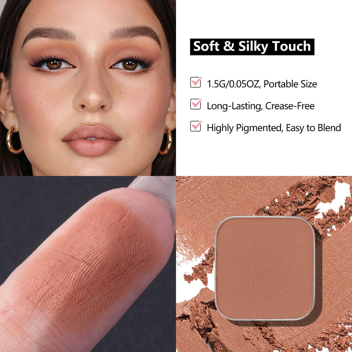 Matte Eyeshadow – Soft Muted Rose with Brown Tones, Natural Look, Easy to Blend, Magnetic Pan for
