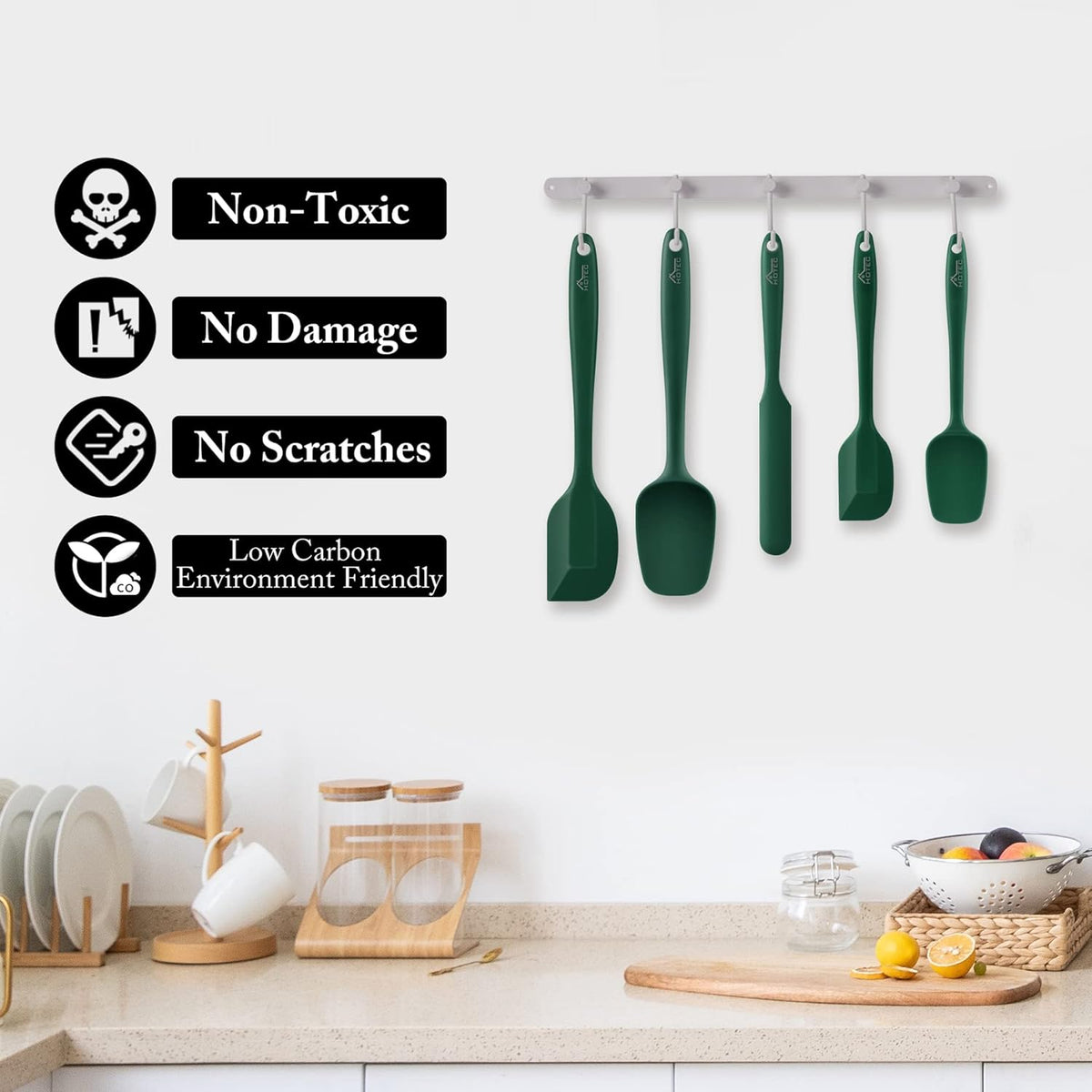 HOTEC 600℉ Heat Resistant BPA-Free Silicone Rubber Spatula Set,Kitchen Cooking Spatulas, Baking