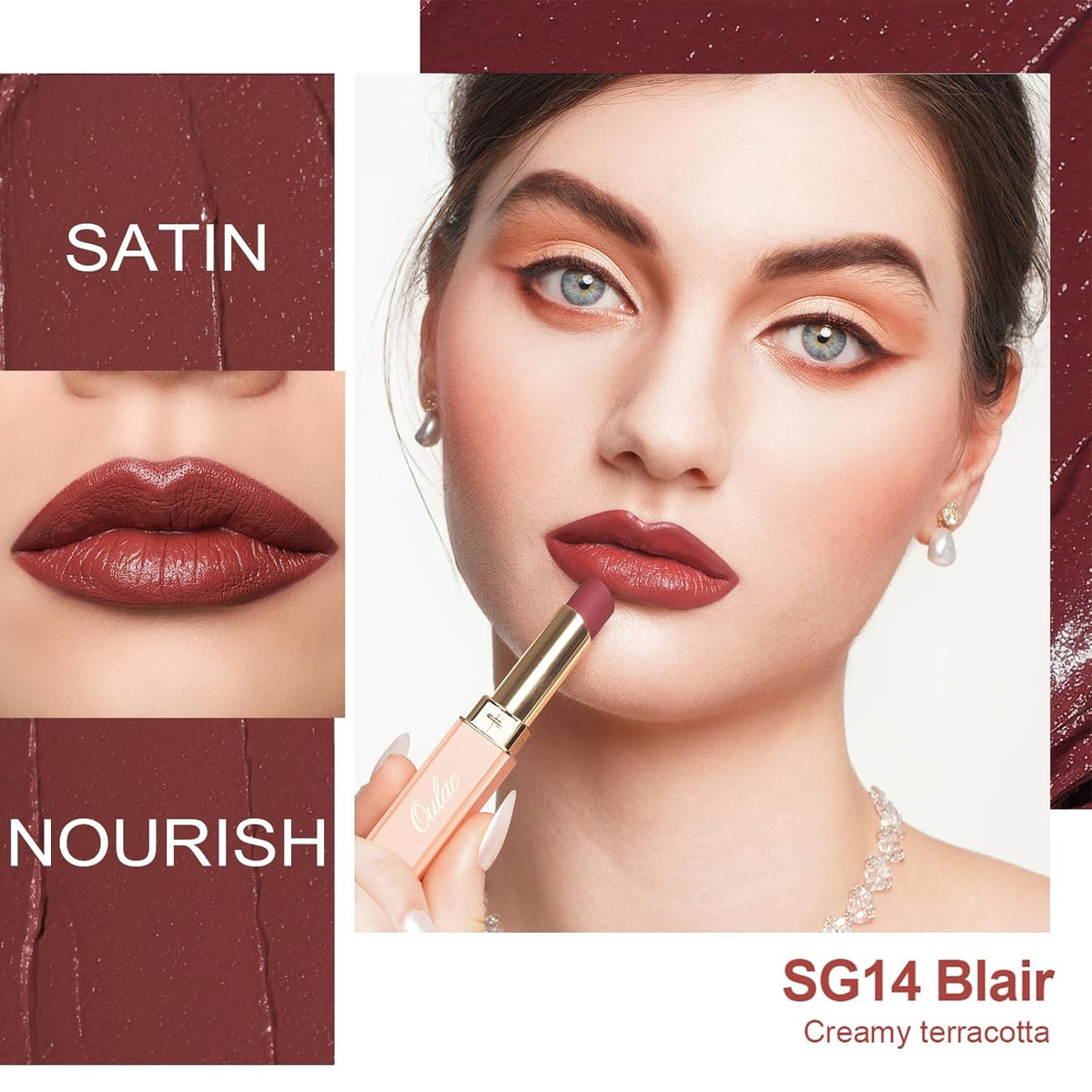 Oulac Color Rich Satin Lipstick - Red Brown Full Coverage Lip Color, Creamy Silky-Smooth