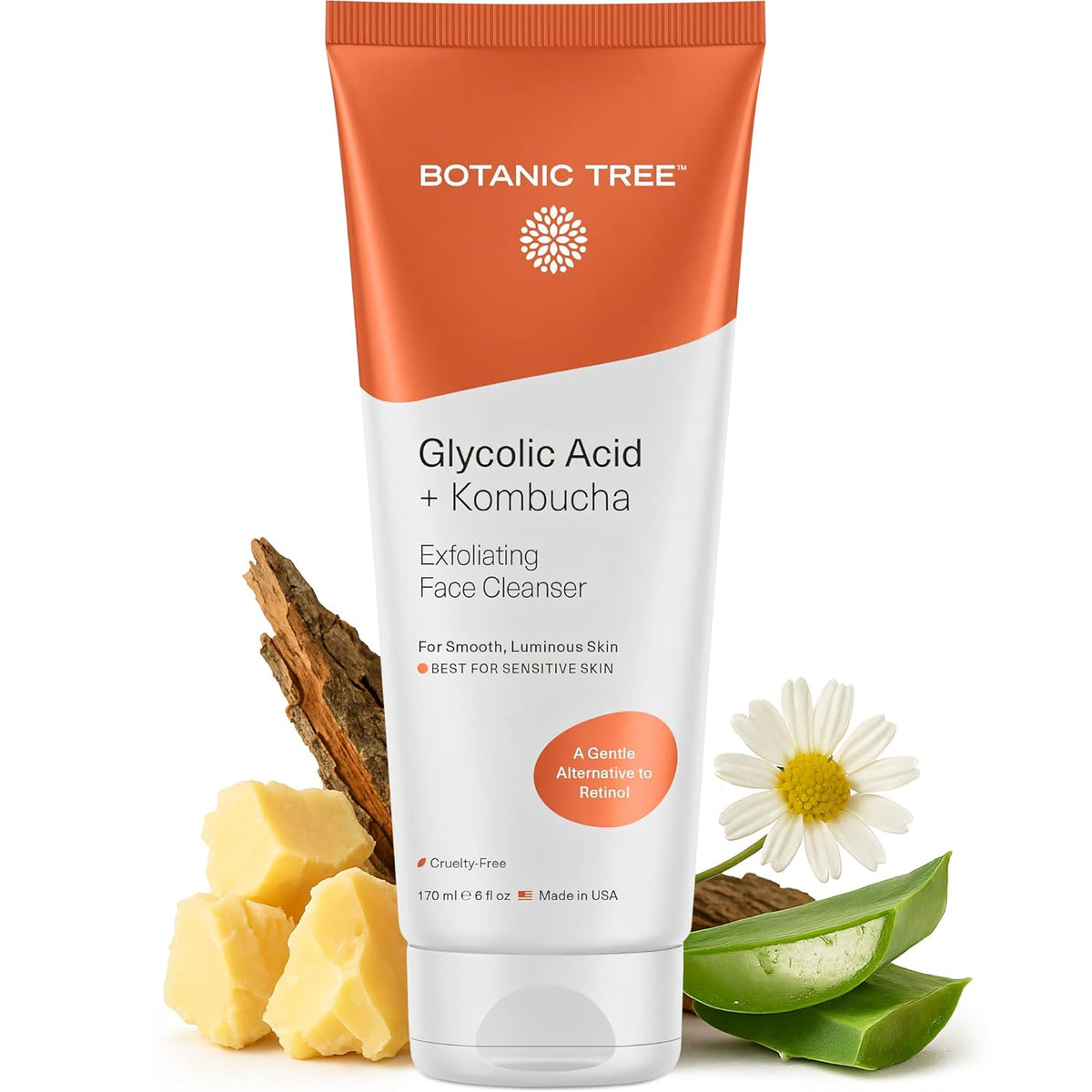 Botanic Tree Kombucha & Glycolic Acid Exfoliating Face Wash for Aging Skin - Face Cleanser for