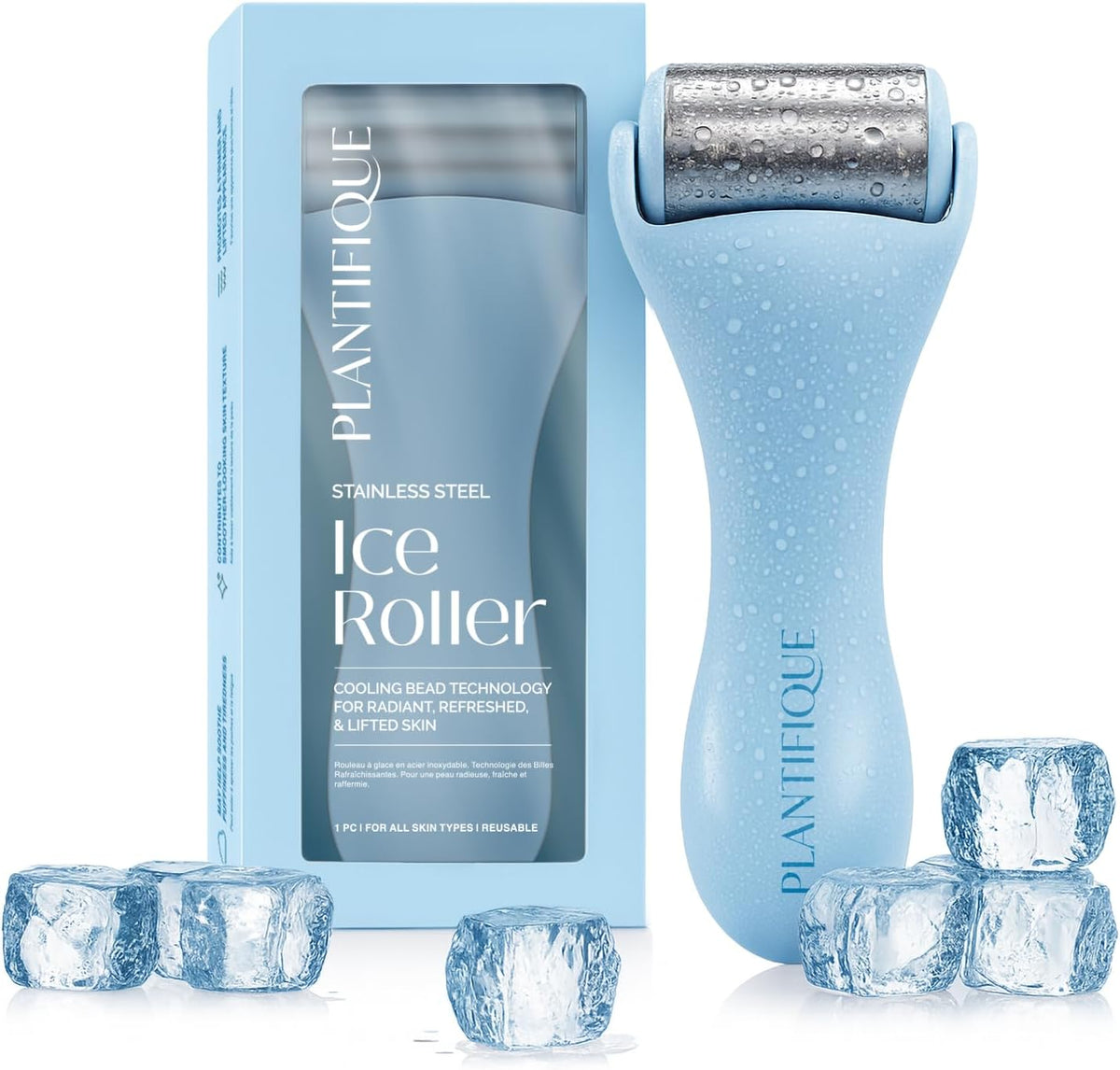 PLANTIFIQUE Facial Ice Roller - Puffiness Cryotherapy Skin Care Massage Tool - Stainless Steel