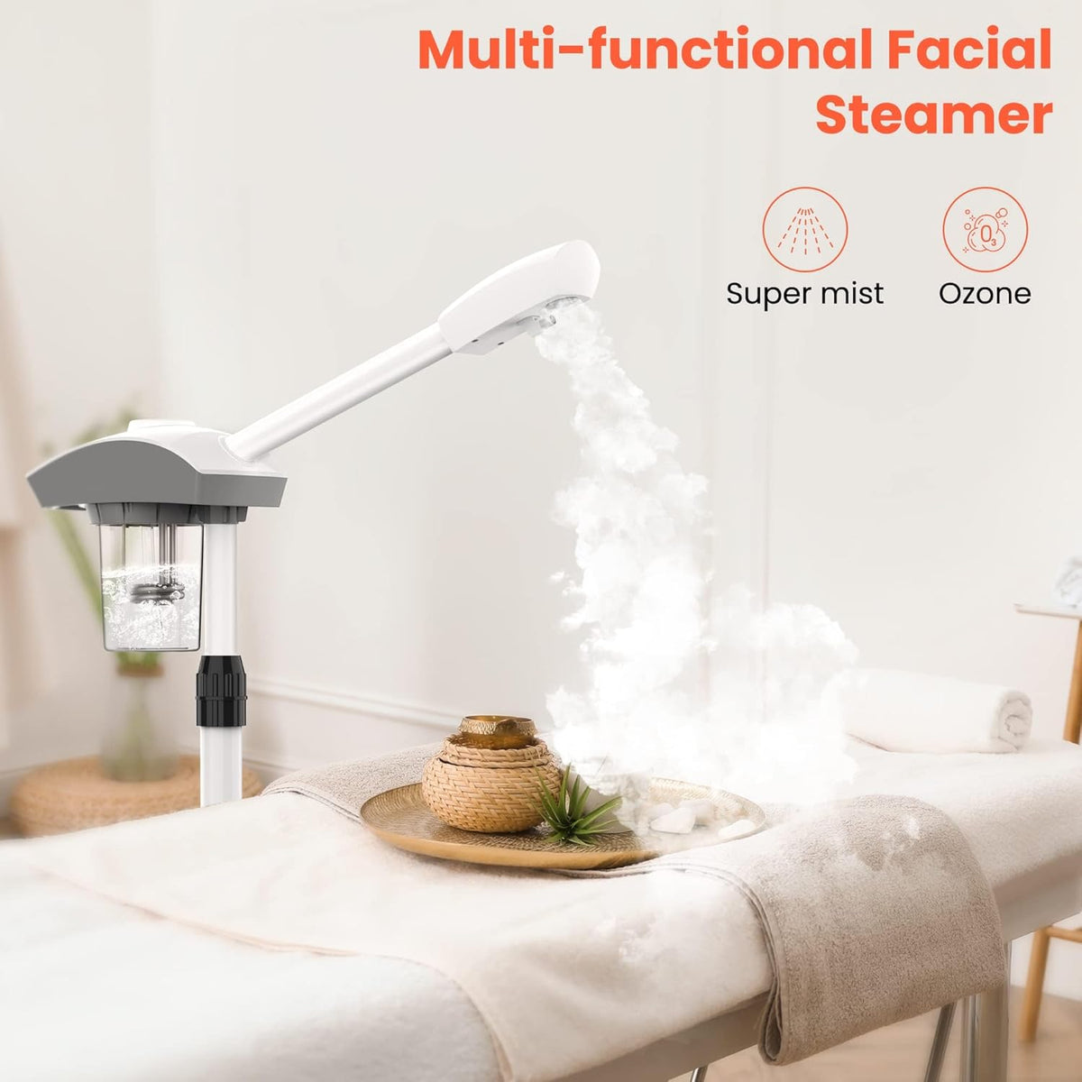 TASALON Professional Facial Steamer Machine on Wheels, Standing Esthetician Steamer with Hot Ozone