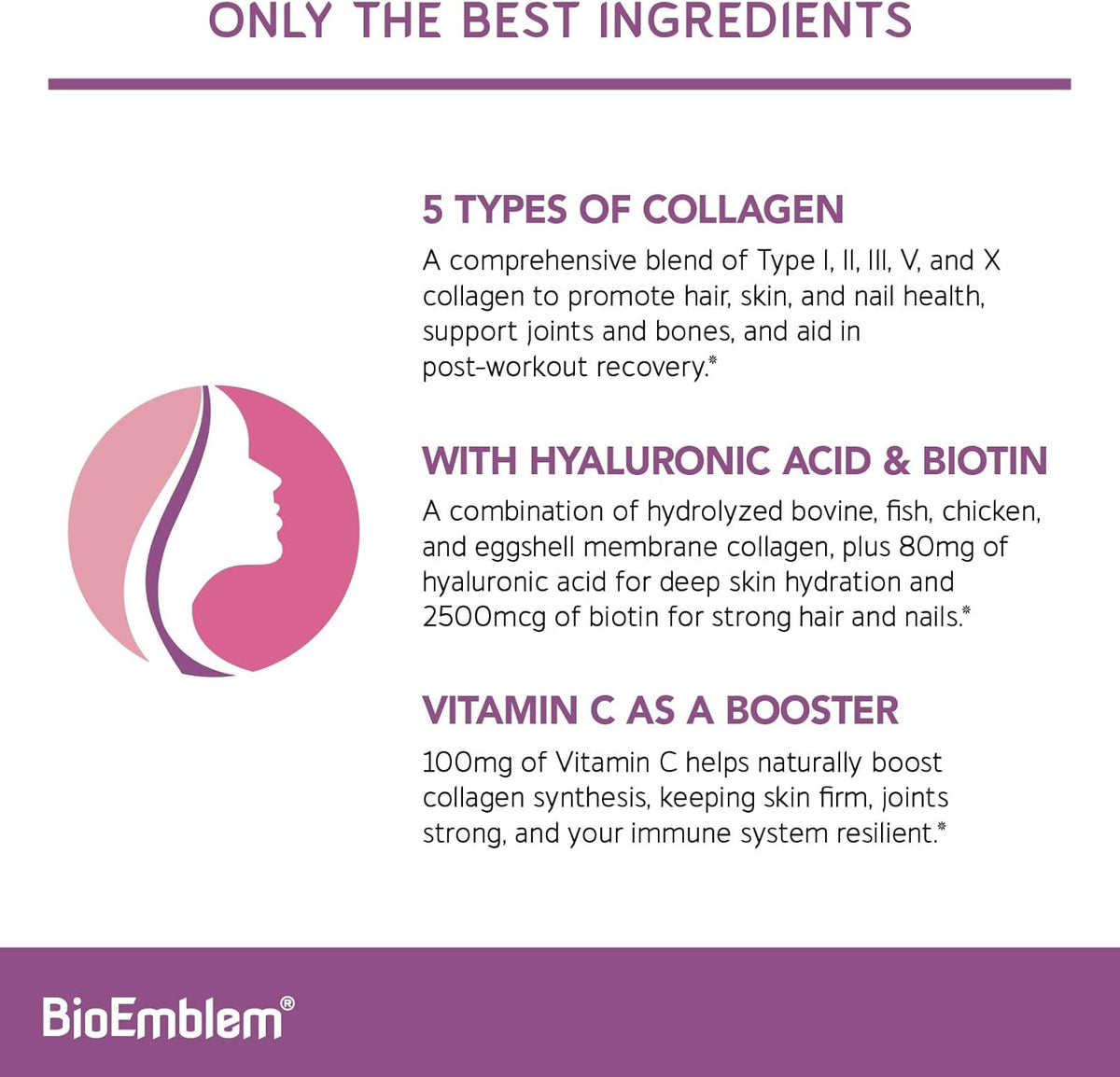 BioEmblem Beauty Collagen - 11G Hydrolyzed Multi-Collagen Peptides, Hyaluronic Acid, Vitamin C &