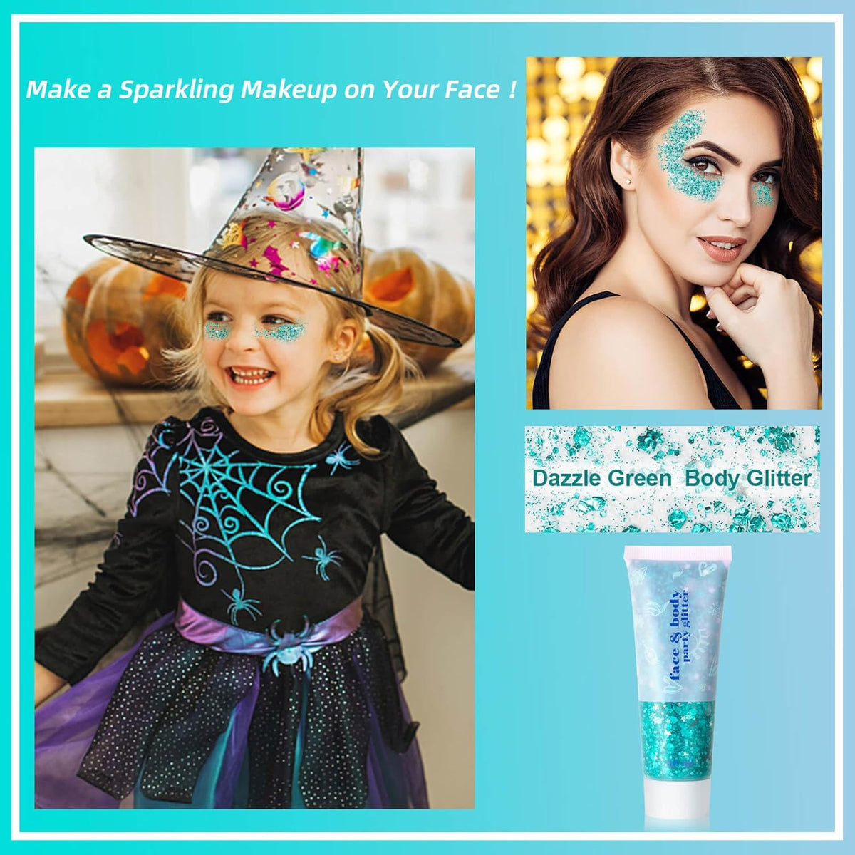 MEICOLY Teal Body Glitter,Mermaid Face Glitter Gel for Halloween Face Paint,Dazzle Green Chunky