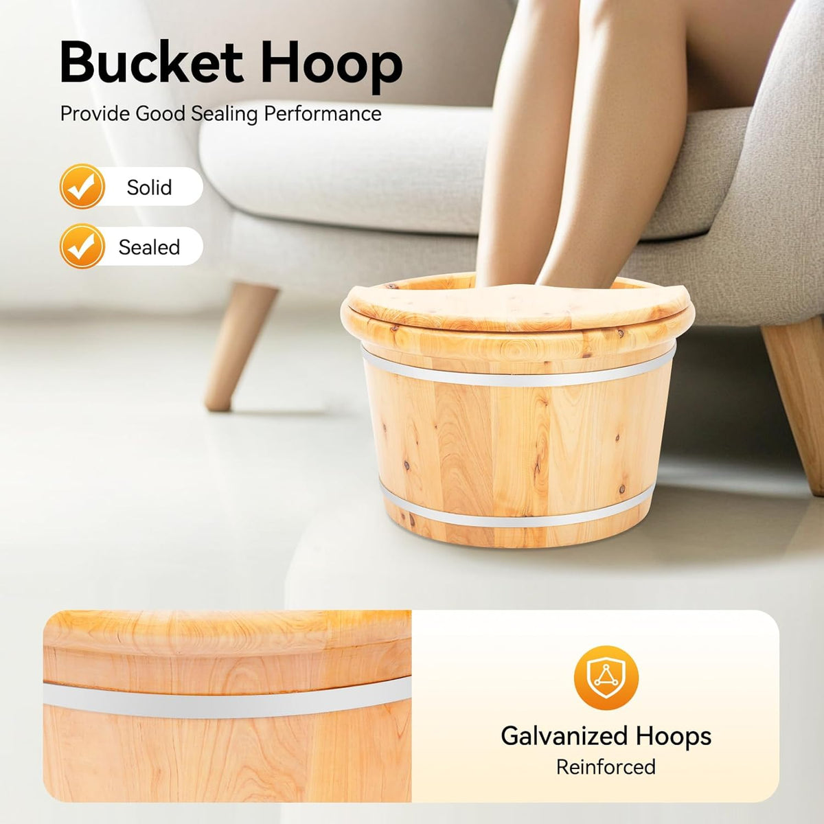 9.84in Tall Wood Foot Soaking Tub with Lid and Massage Roller, Pedicure Bowl for Feet, Portable