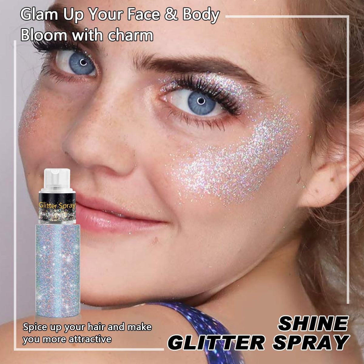 Hair and Body Glitter Spray, Holographic Glitter Highlighter Powder, Face Body Clothes Shiny