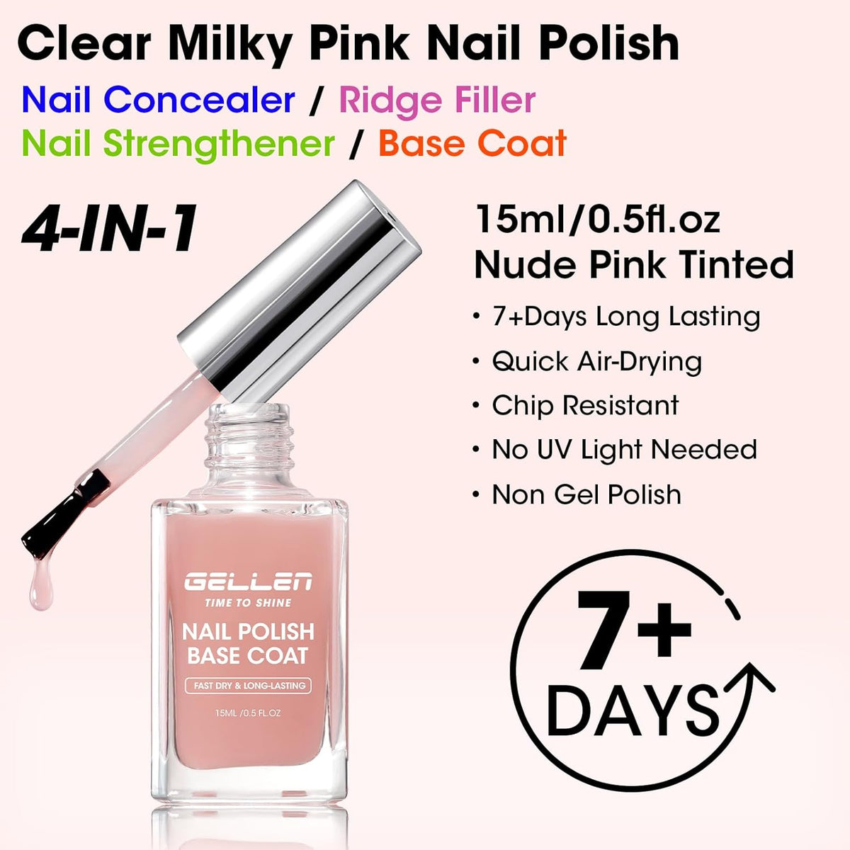GELLEN 4‑in‑1 Clear Nail Polish Base Coat Sheer Tinted Natural Pink, Ridge Filler, Nail