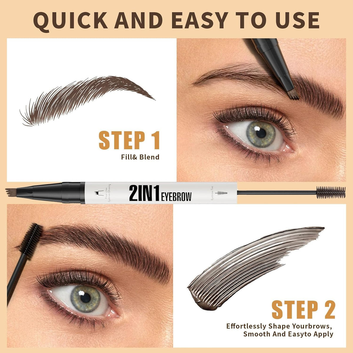4-Fork Tip Microblading Eyebrow Pen - 2-in-1 Waterproof Eyebrow Pencil, Long-Lasting Natural