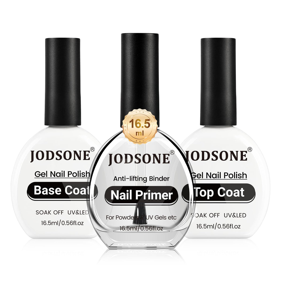 JODSONE 3Pcs 16.5ml Top Coat and Base Coat Set with Nail Primer No Wipe Top Coat Base Need U V Lamp