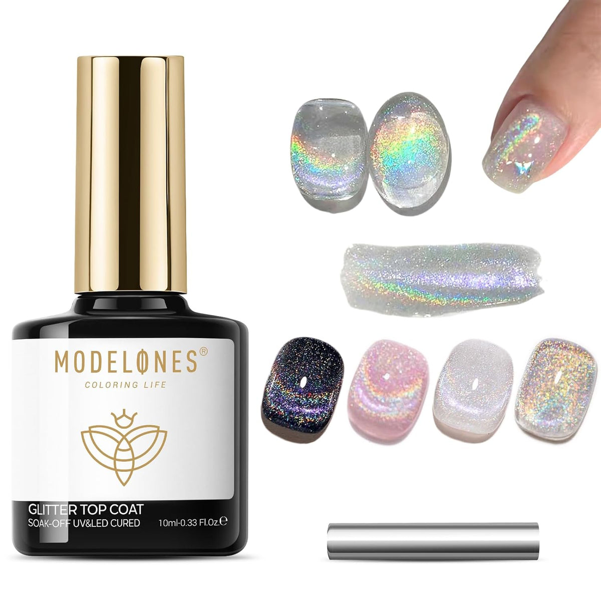 modelones Rainbow Cat Eye Gel Nail Polish Top Coat, 2-in-one 9D Glitter Clear Gel Polish with