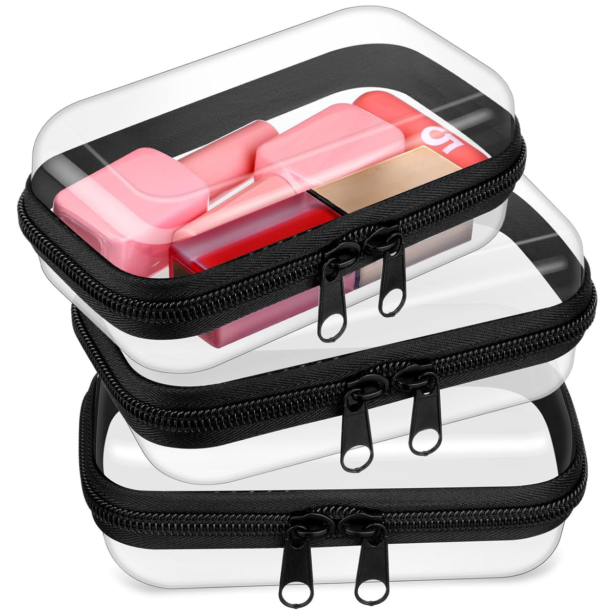 Hoolerry 3 Pcs Clear Hard Zipper Case Plastic Pouch Transparent Hard Case Clear Makeup Bag Portable