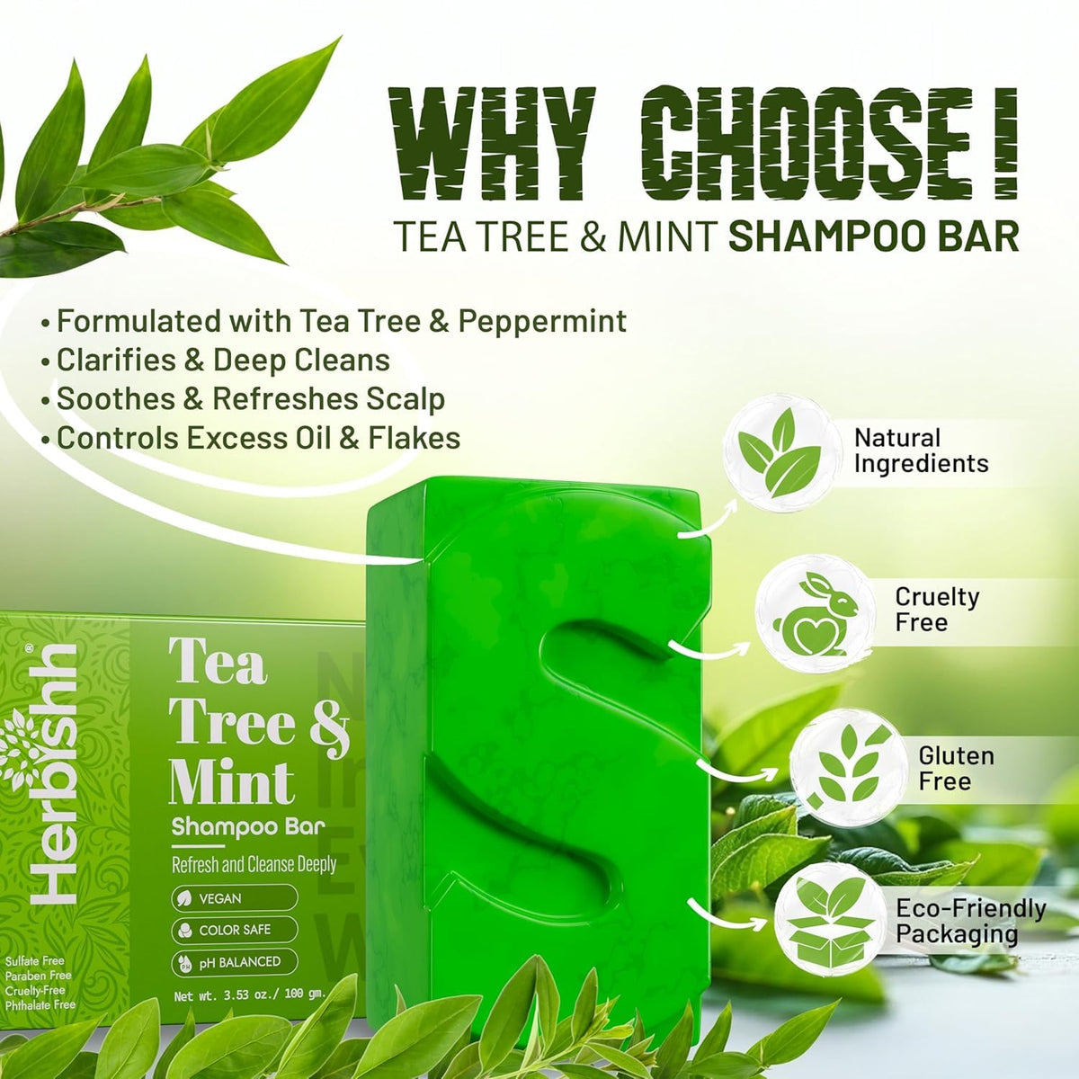Herbishh Tea Tree & Mint Shampoo Bar – Tea Tree Oil Soap Bar for Oily Hair & Scalp Cleanse – Solid