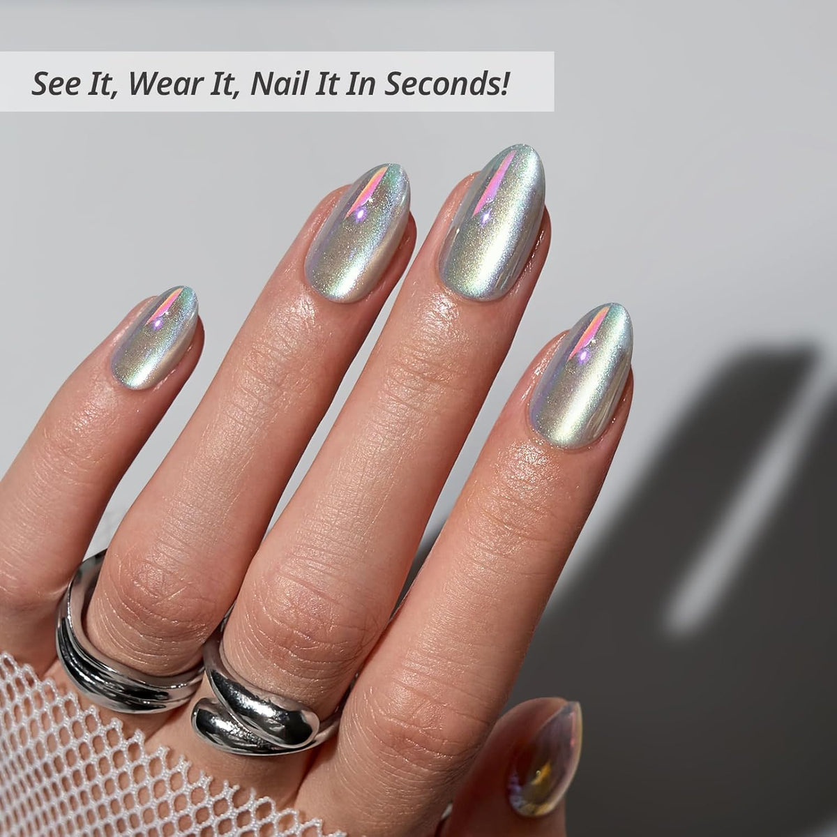BTArtbox Press On Nails Short - Chrome Cat Eye Almond Press On Nails with Glue for Women, Opaque