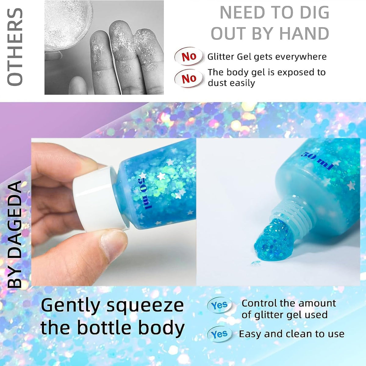 DAGEDA Body Glitter Gel, Face Glitters Body Gel Sequins Shimmer Liquid Eyeshadow, Chunky Glitter