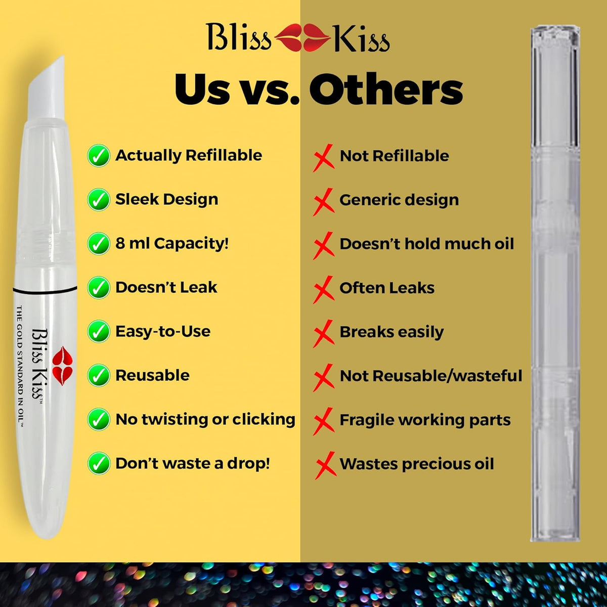 Bliss Kiss Refillable Cuticle Oil Pen for Nails - Empty 8 ml Squeeze Nail Oil Pen with brush