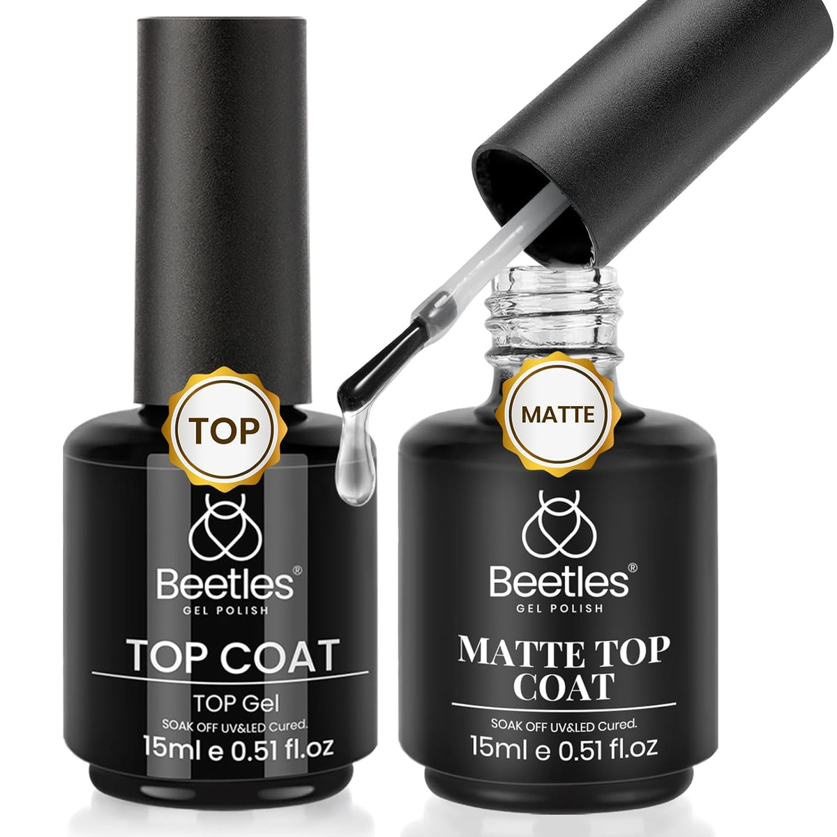 Beetles Matte Top Coat 2 Pcs 15ml No Wipe Gel Glossy Nail Polish Shine Effect Long Lasting Soak Off