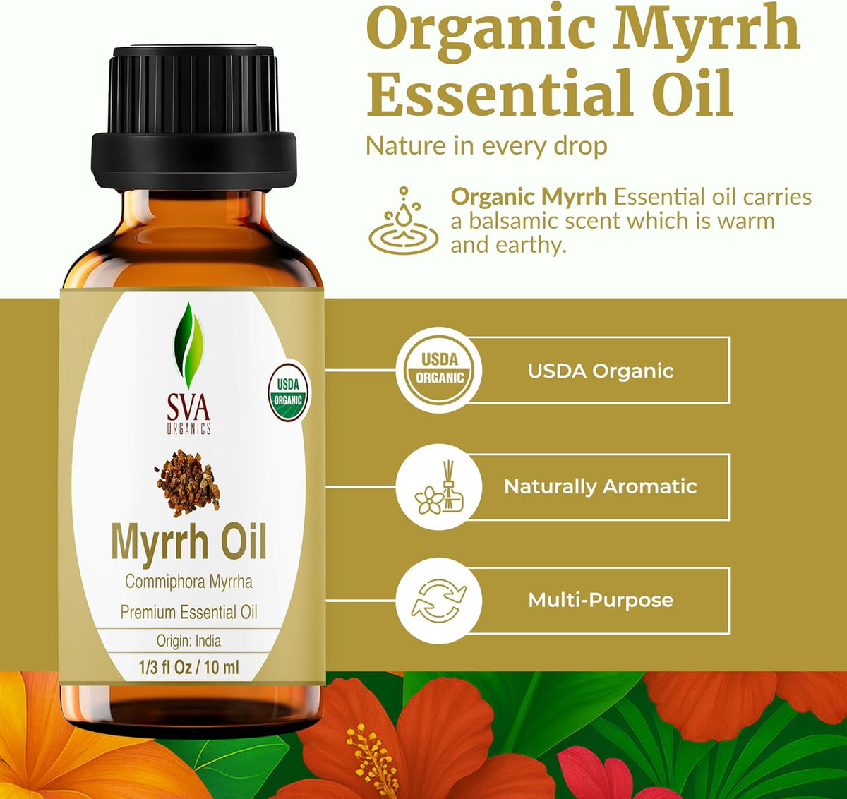 SVA Myrrh Essential Oil Organic – 1/3 Fl Oz – 100% Natural Organic Myrrh Oil - for Diffuser, Hair
