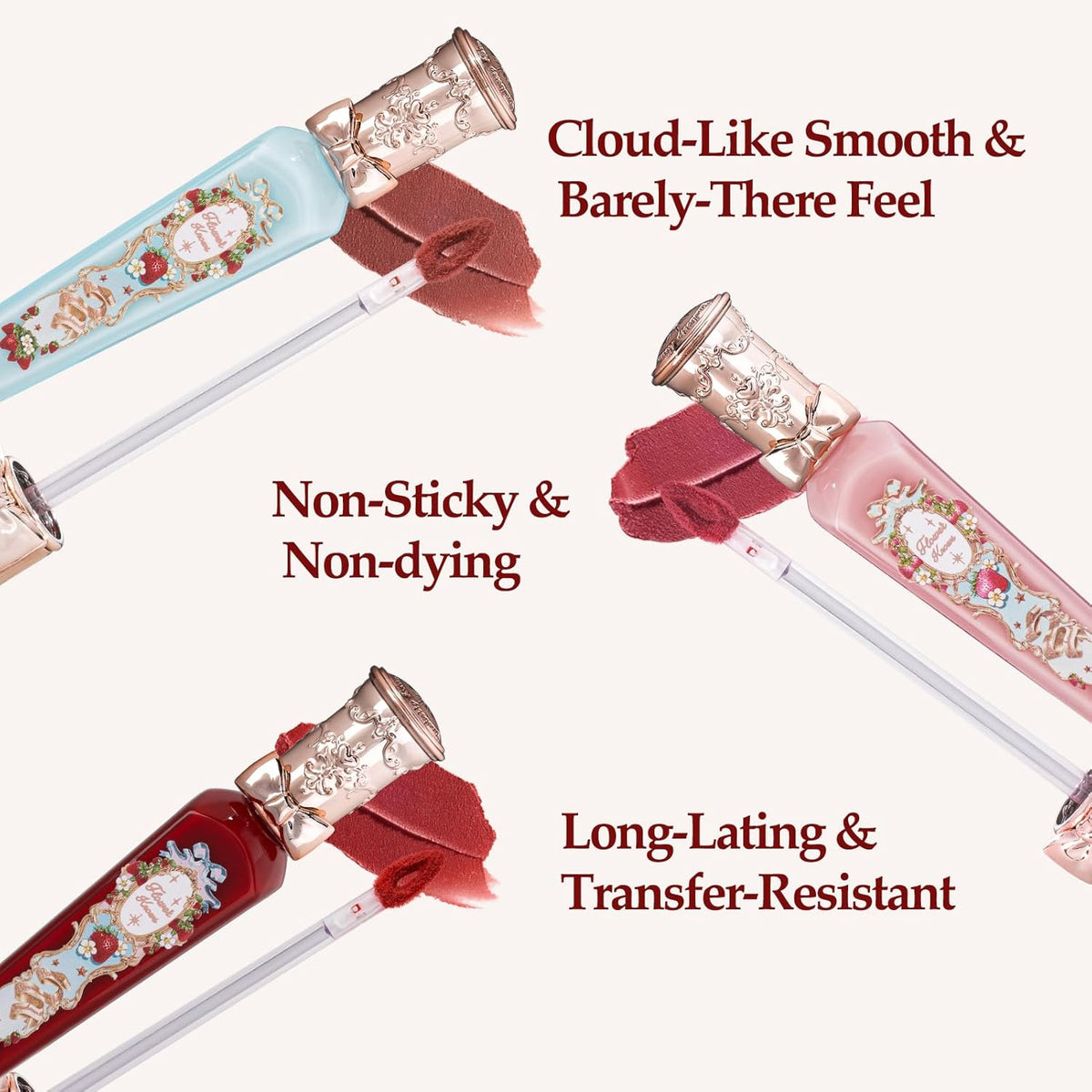 Flower Knows Strawberry Rococo Cloud Lip Cream,Velvety Matte Liquid Lipstick,Nude Lipstick,Long