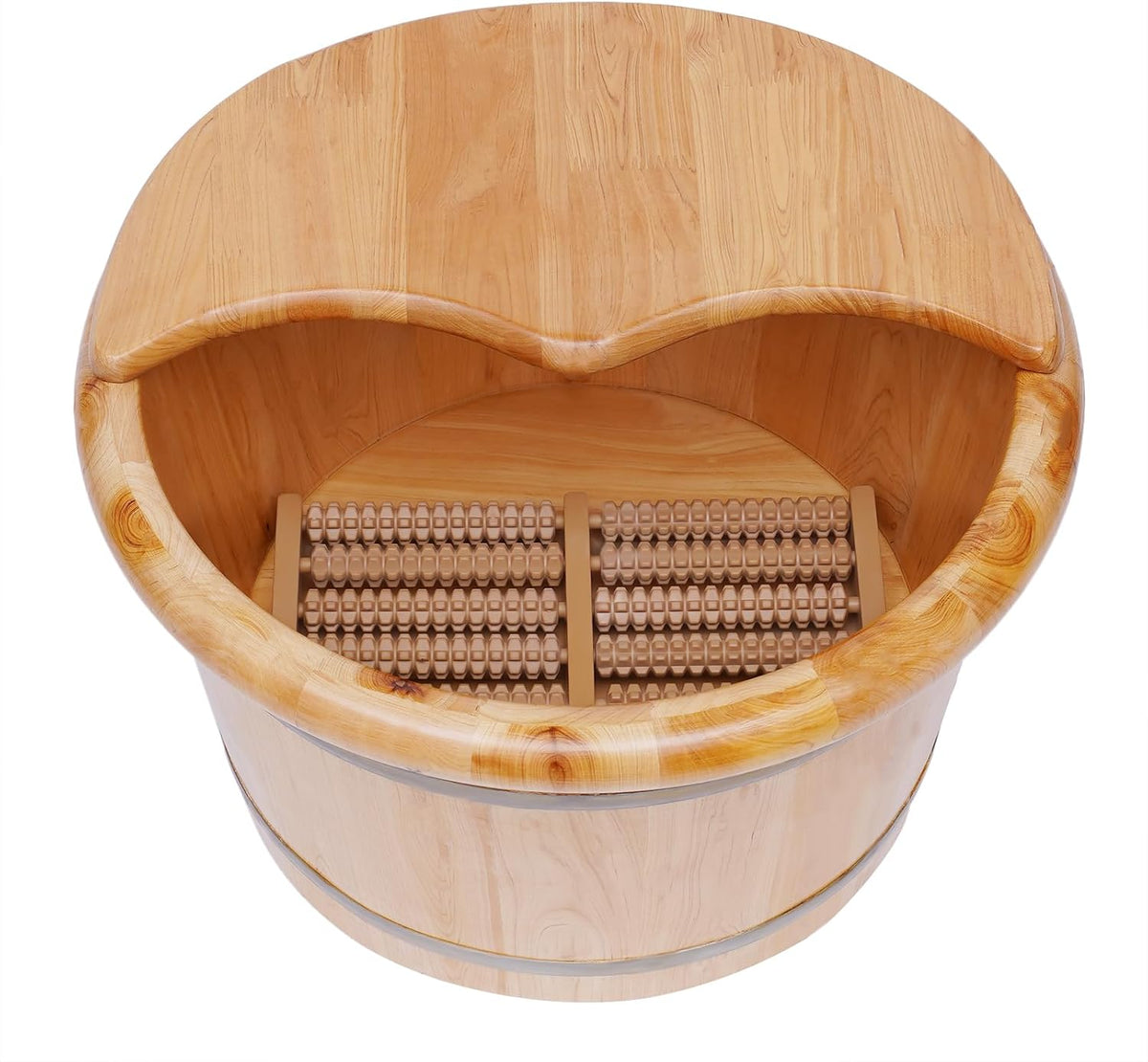9.84in Tall Wood Foot Soaking Tub with Lid and Massage Roller, Pedicure Bowl for Feet, Portable