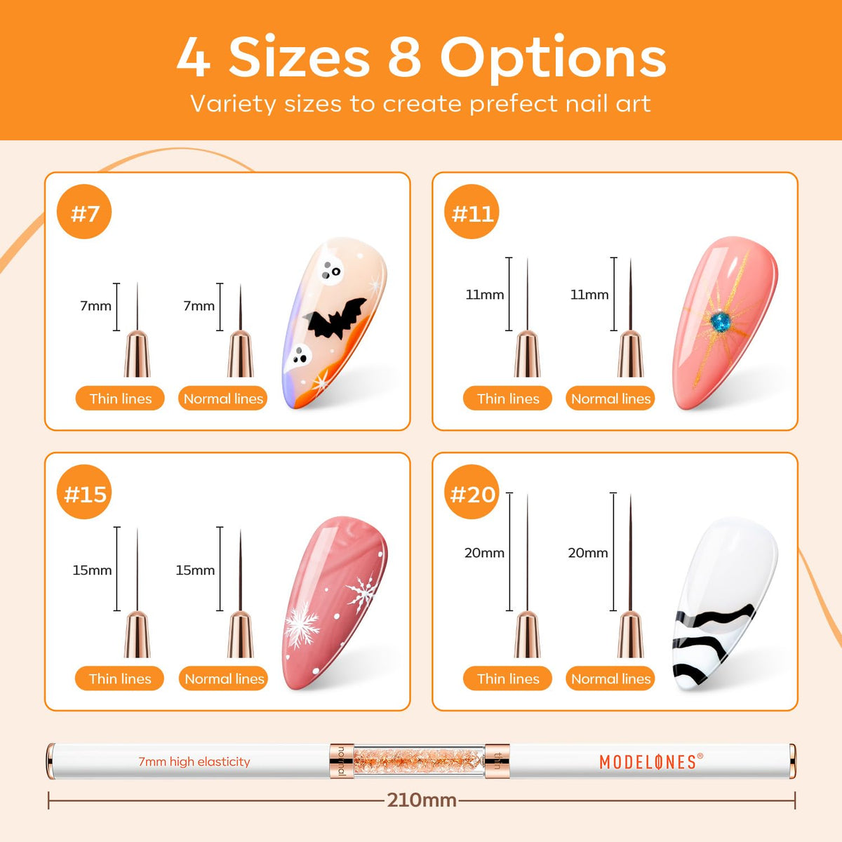 modelones Nail Art Brushes, Super Fine Liner Nail Brush Kit Dual-ended 7/11/15/20mm for Gel Polish