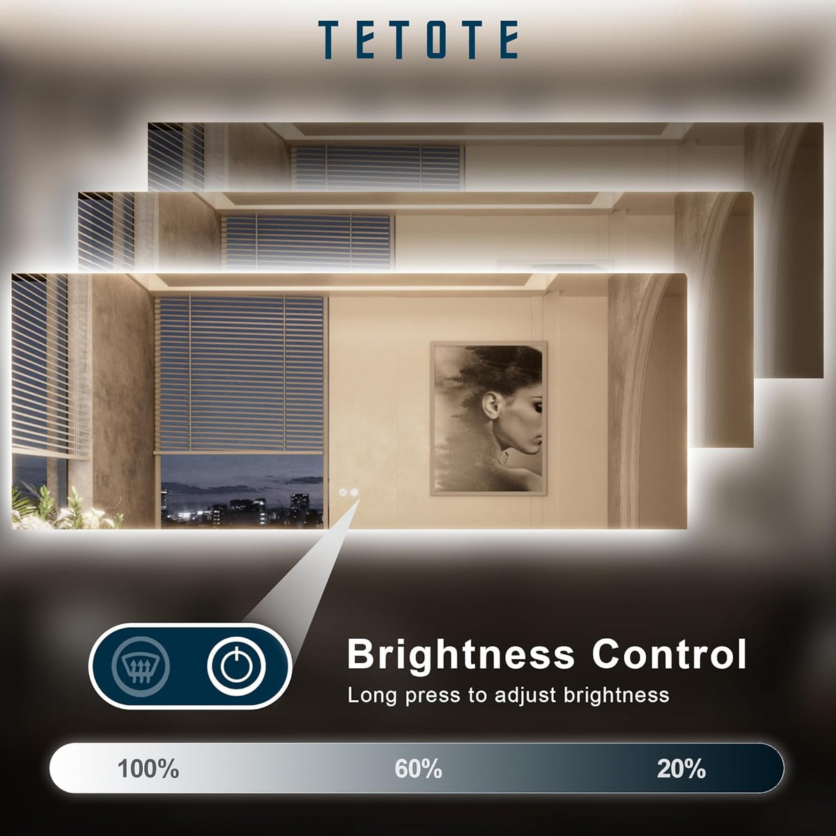 TETOTE 48 x 36 Inch LED Backlit Bathroom Mirror with Lights, 3Color White/Warm/Natural, Anti-Fog