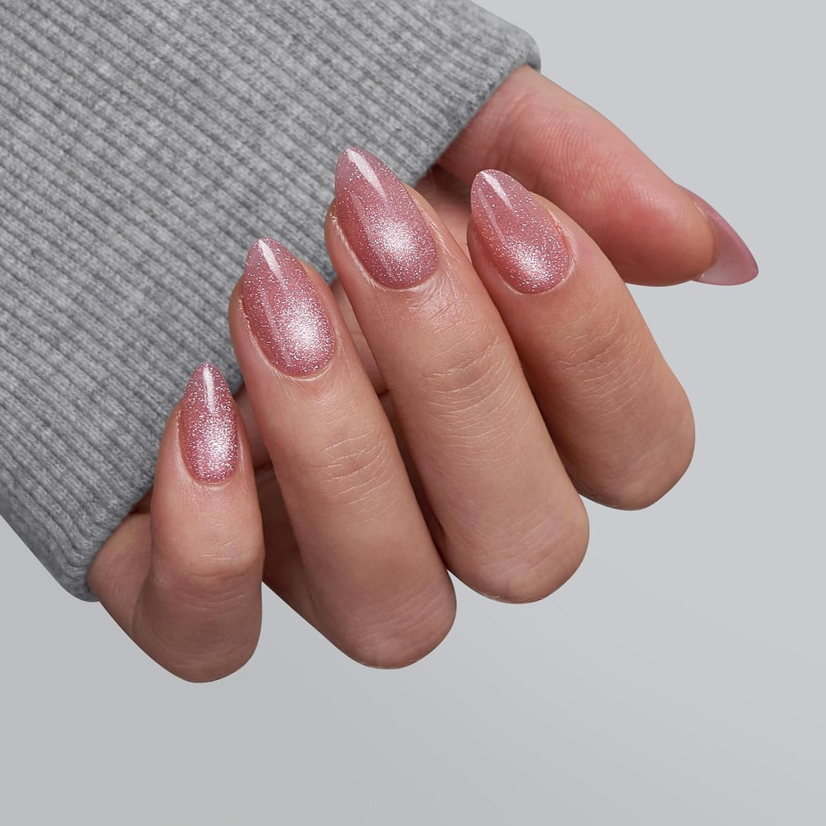 BTArtbox Press On Nails Short - Lamp-Curable Pink Cat Eye Almond Press On Nails with Glue for
