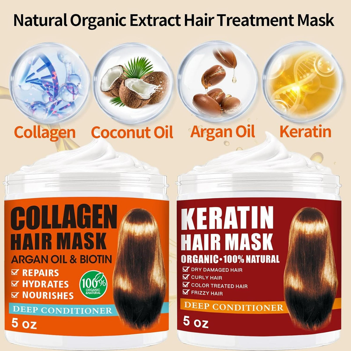 2 Pack Collagen Hair Mask & Keratin Hair Mask,Keratin Hair Treatment,Hydrating Argan Oil Hair