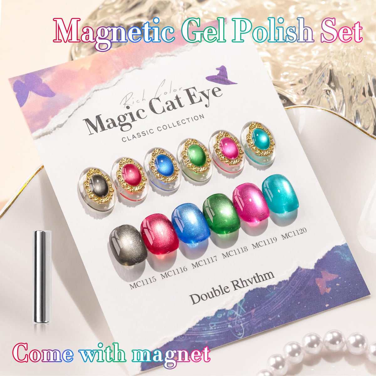 Double Rhythm Cat Eye Gel Nail Polish Set of 6 Same Color Same Bottle 0.5 Oz Shimmer Glitter with