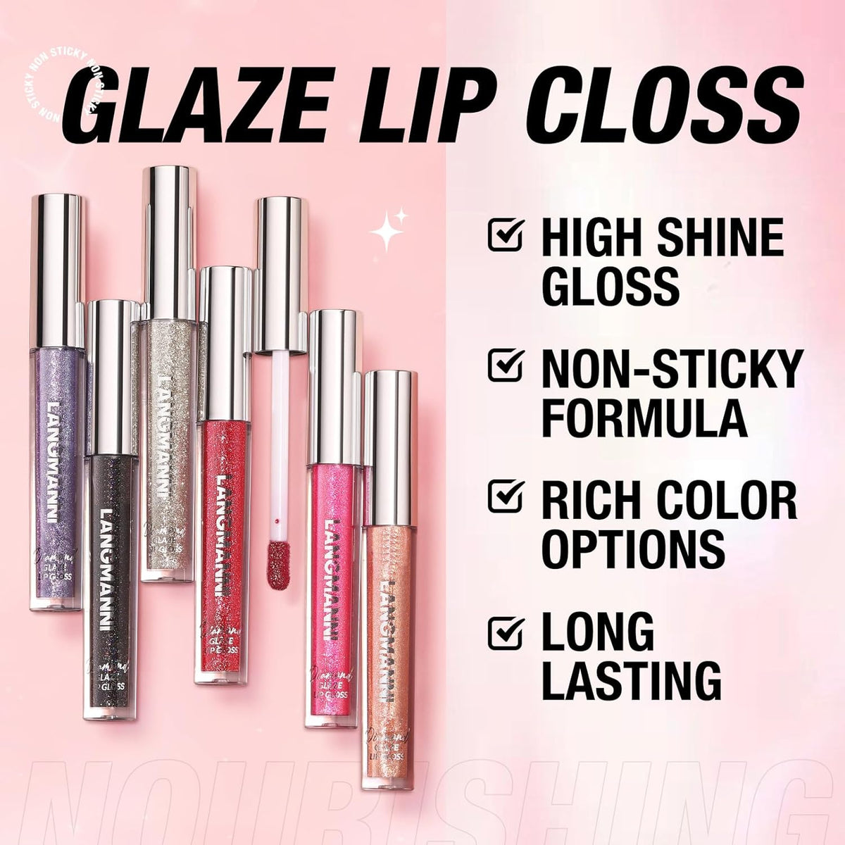 LANGMANNI 2 Colors Diamond Glitter Lip Gloss Set,Long Lasting High Shine Shimmer Liquid Lipstick