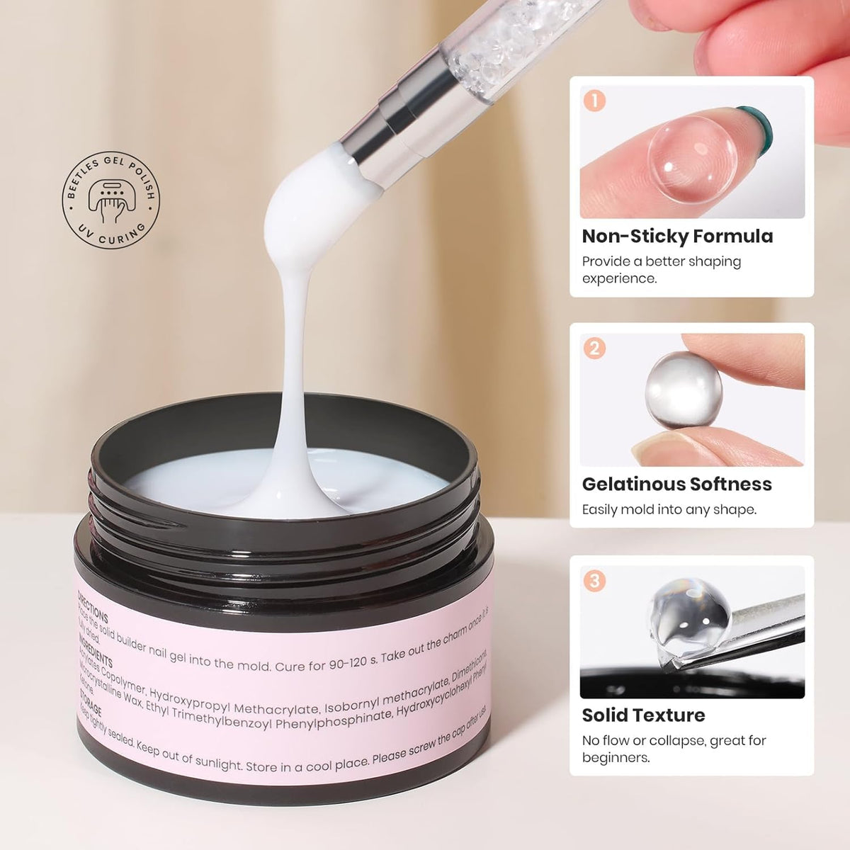 Beetles Solid Builder Nail Gel 1 oz White 3D Sculpting Gel for Nail Art Non-Sticky Extension with