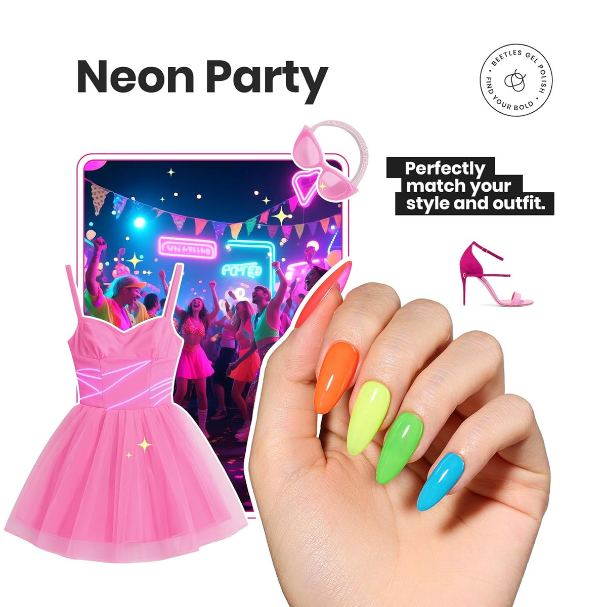 Beetles Neon Nail polish Set, 6 Colors Bright Rainbow Nail Polish Kit Quick Dry Finger Nail Polish