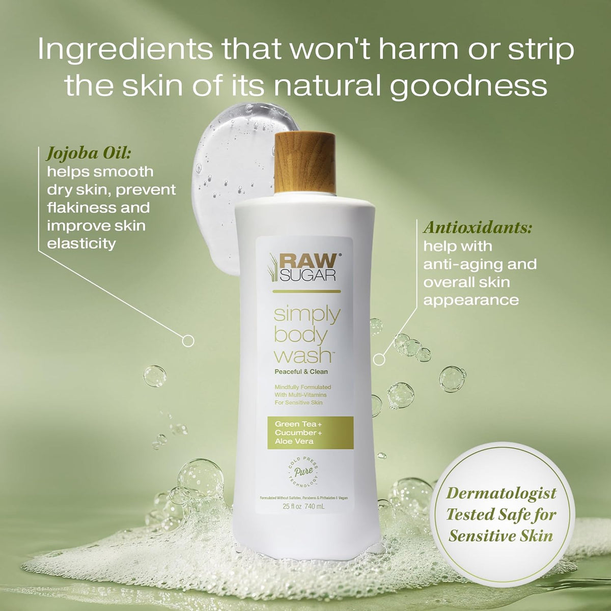 RAW SUGAR Simply Body Wash, (25 Fl Oz, Pack of 1) Bath Soap, Formulated without Sulfates & Parabens