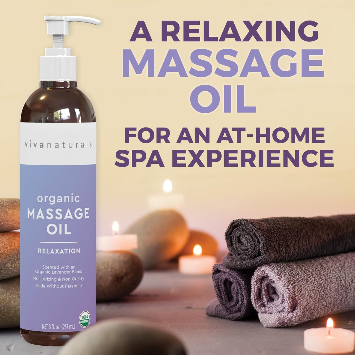 Viva Naturals Organic Massage Oil (8 fl. oz.) - Lavender Scented Non-Greasy Body Massage Oil with