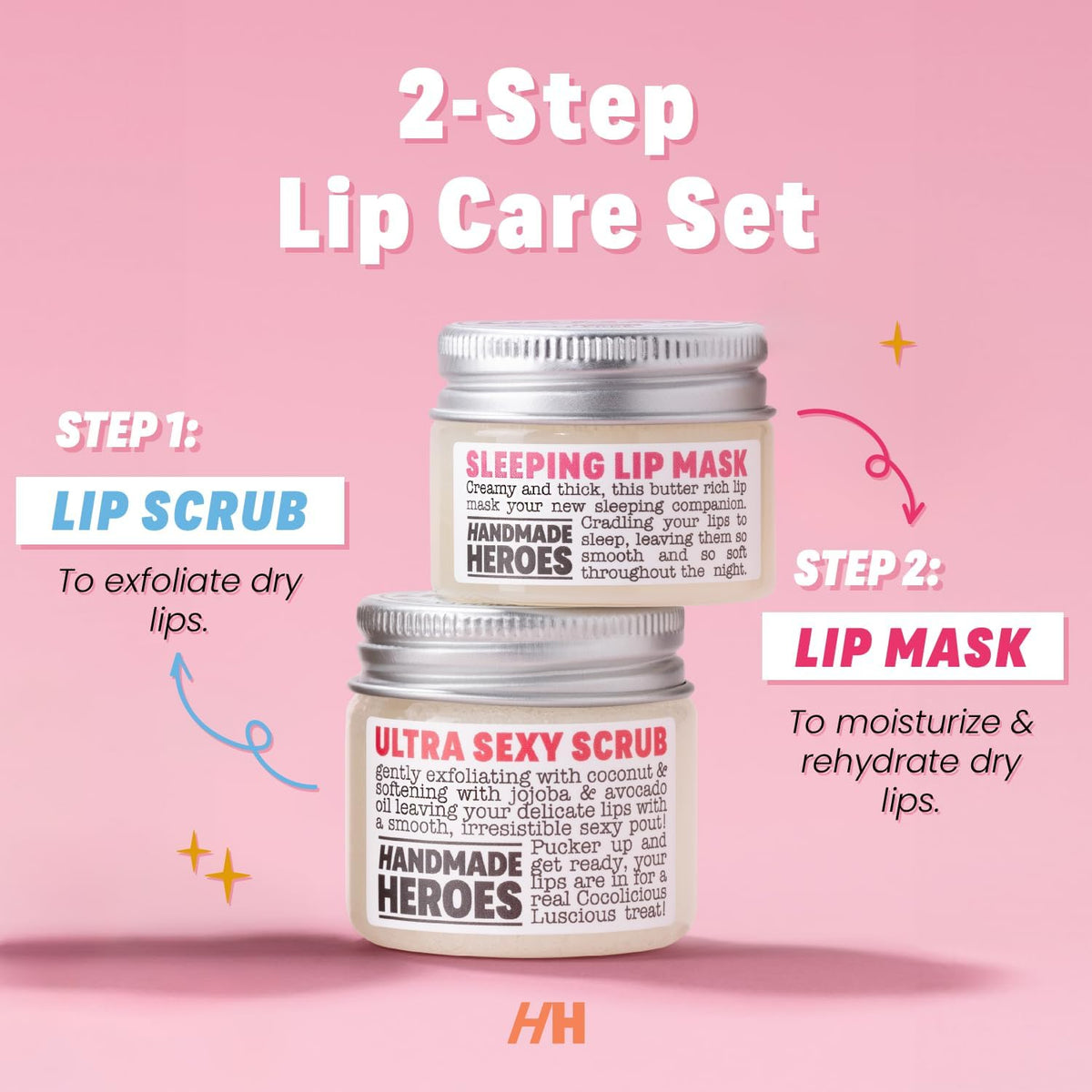 Handmade Heroes 100% Natural Coconut Lip Exfoliator & Lip Mask Gift Set - Gentle Exfoliant Sugar