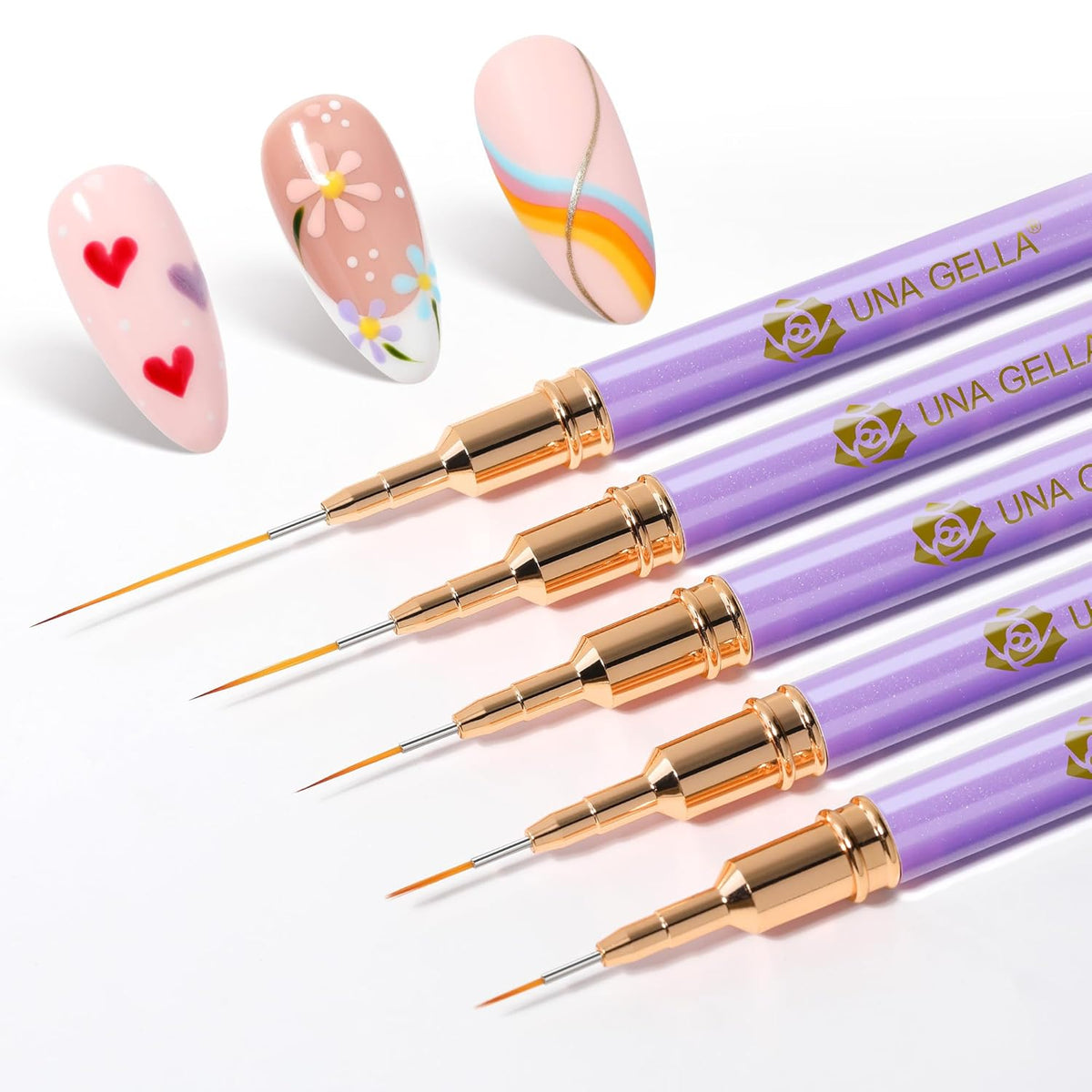 UNA GELLA Nail Art Pens Metallic, Liner Brushes Set For Nail Art Gel Polish, 5Pcs Purple Color