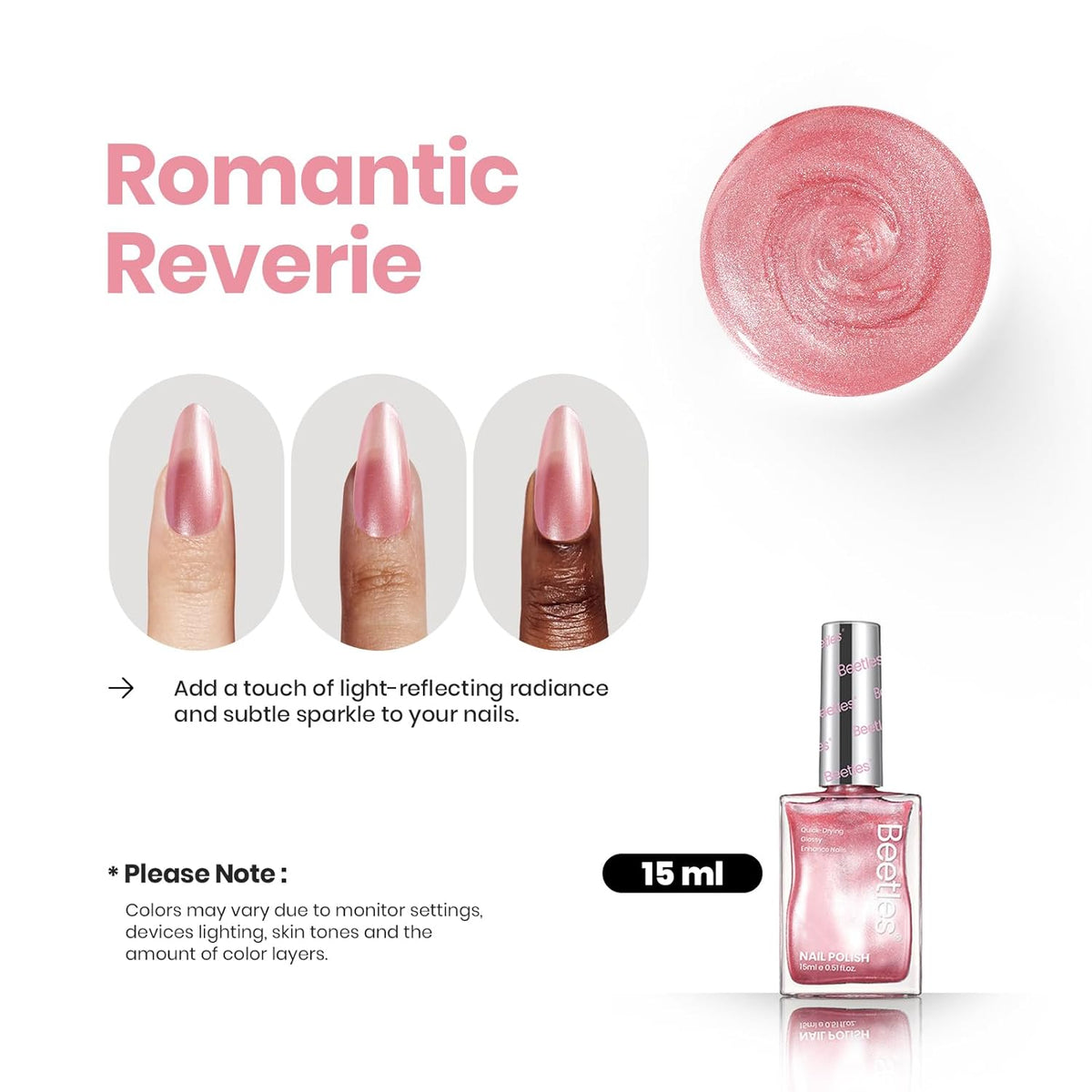 Beetles Pink Nail Polish - 15ML Quick Dry Nail Polish Romantic Reverie Pink Rose Pearl Nail Lacquer