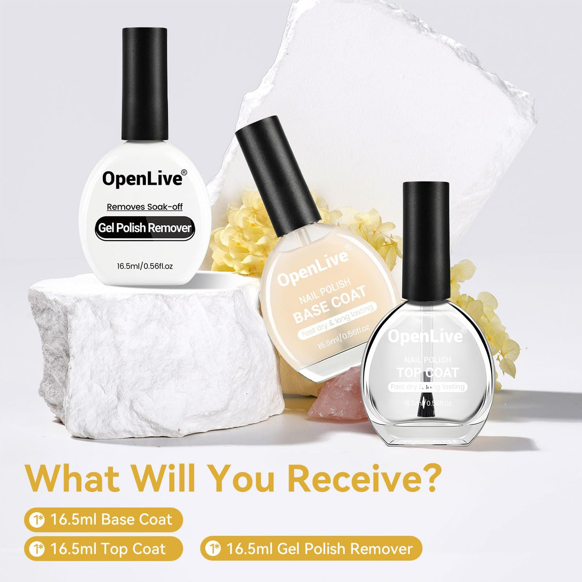 3PCS 16.5ml Quick Dry Base and Top Coat Nail Polish and Gel Remover Set, Base and Top Coat No U V